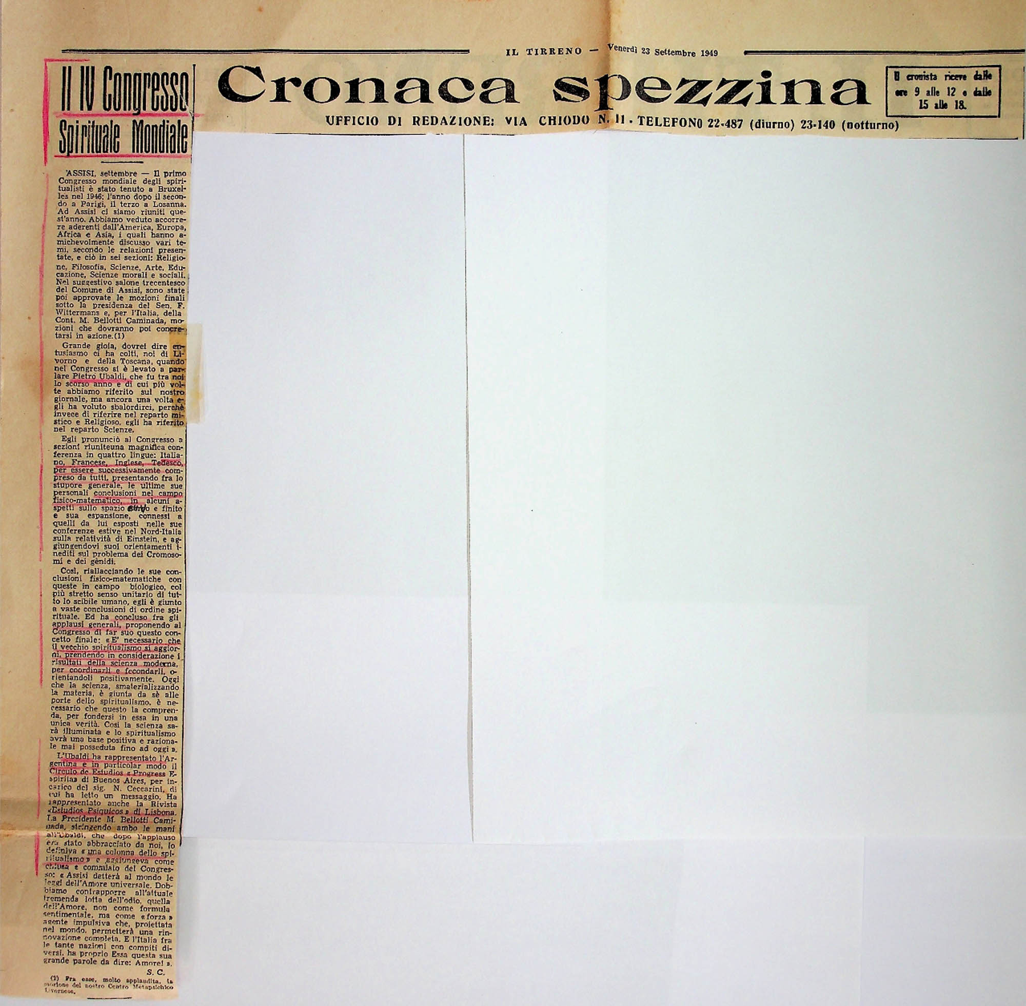 JN – 1949 (23 SETTEMBRE) IL TIRREMO – II IV CONGRESSO SPIRITUALE MONDIALE