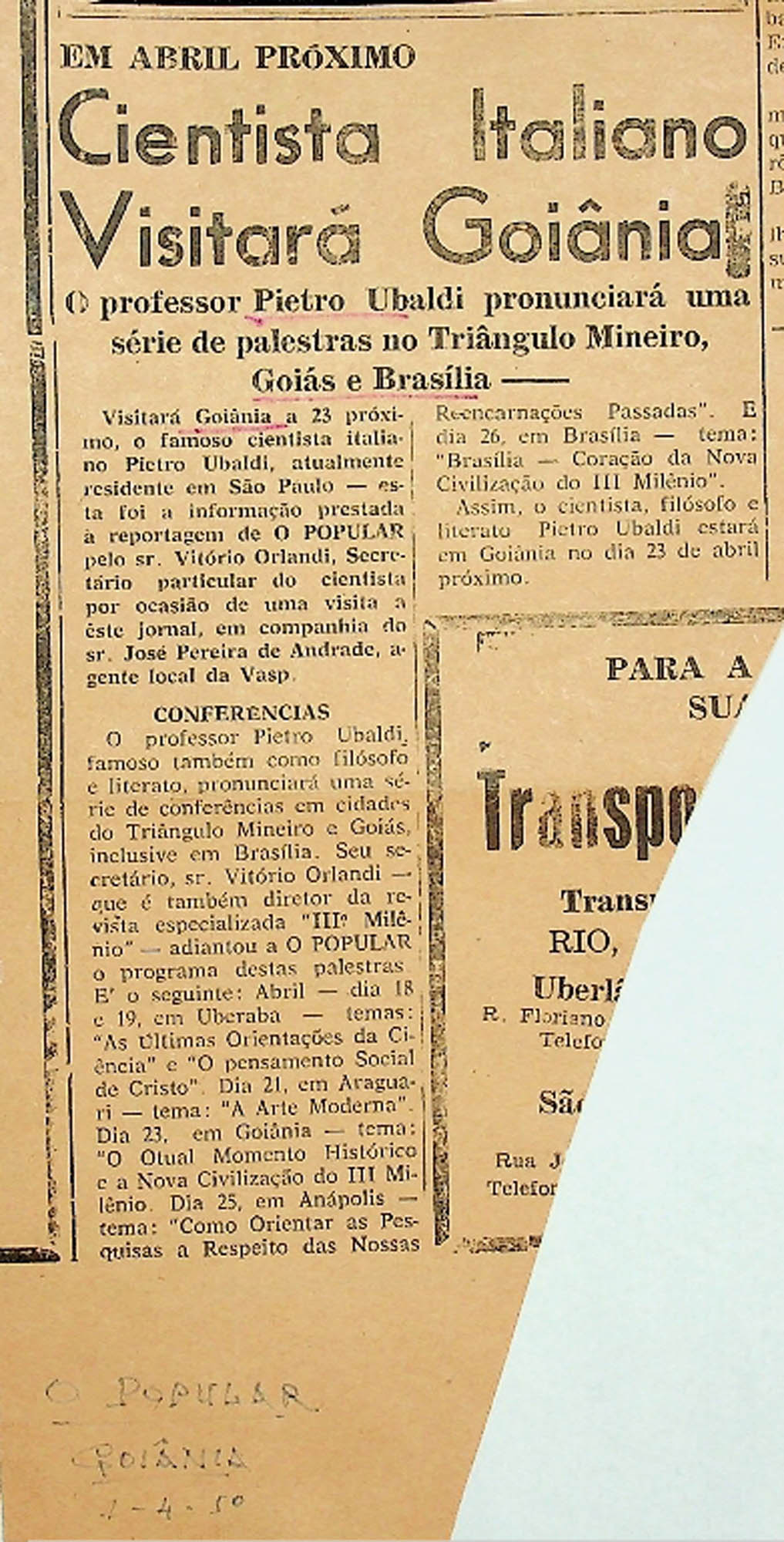JN – 1950 (01 DE ABRIL) CIENTISTA ITALIANO VISITARÁ GOIÂNIA