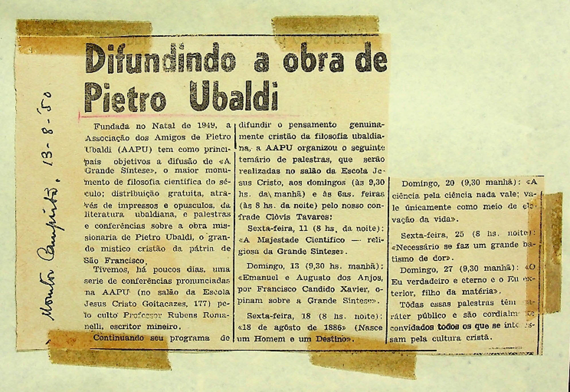 JN – 1950 (13 DE AGOSTO) DIFUNDINDO A OBRA DE PIETRO UBALDI