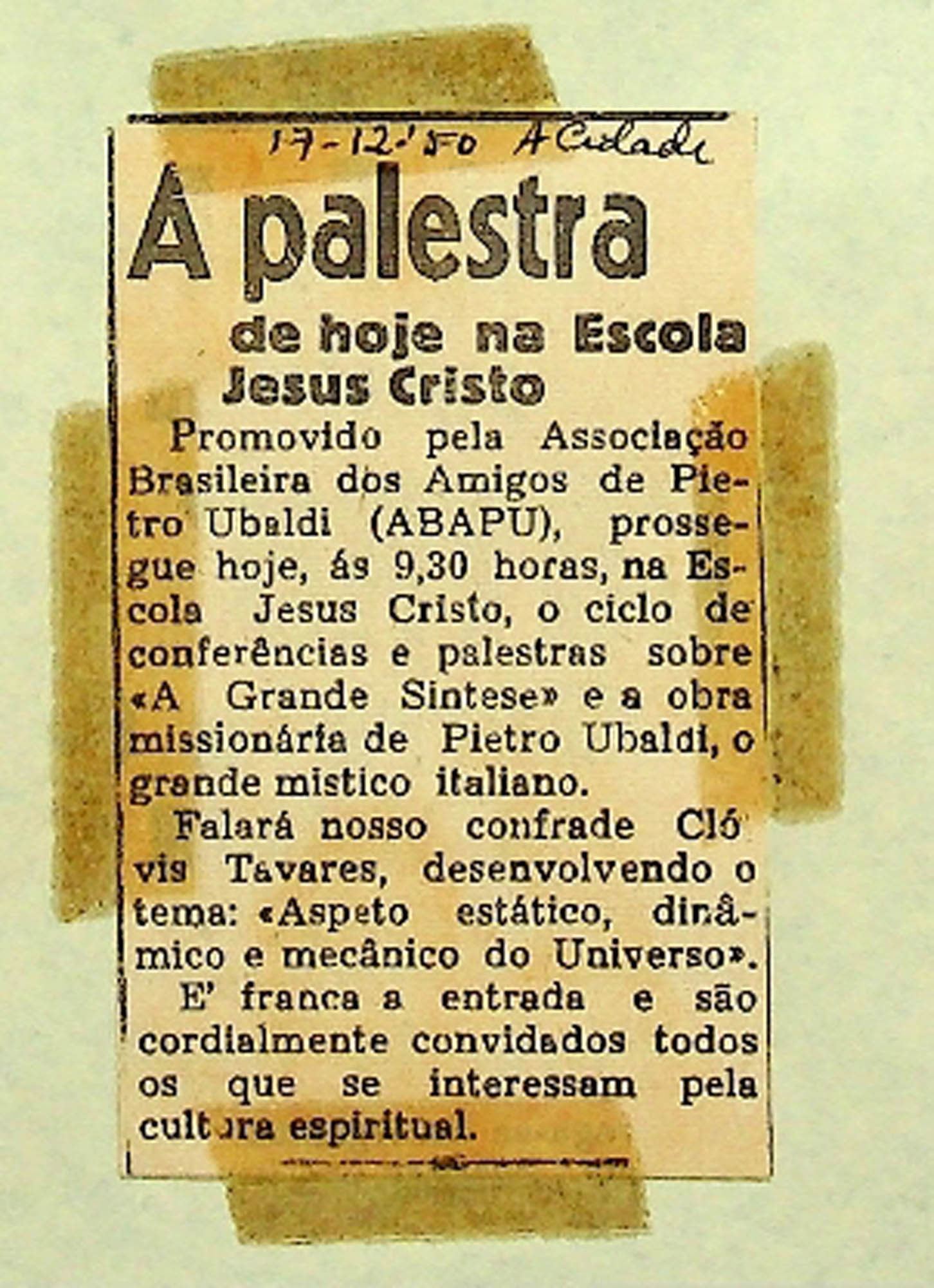 JN – 1950 (17 DE DEZEMBRO) A PALESTRA DE HOJE NA ESCOLA JESUS CRISTO