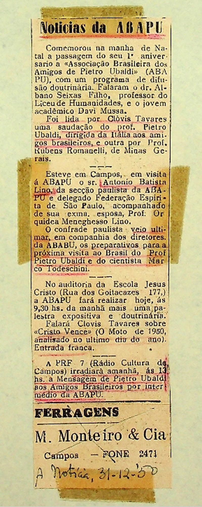 JN – 1950 (31 DE DEZEMBRO) NOTÍCIAS DA ABAPU