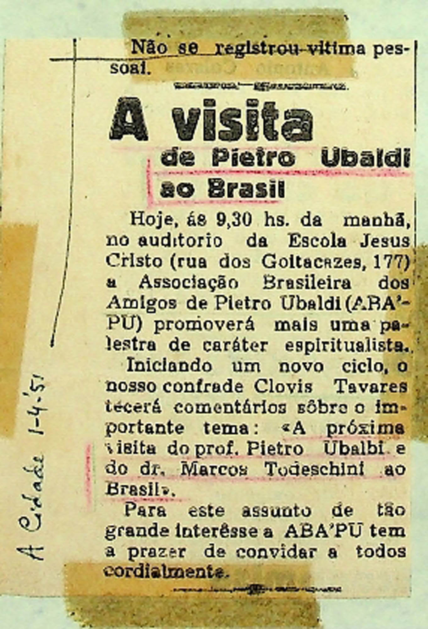 JN – 1951 (01 DE ABRIL) A VISITA DE PIETRO UBALDI AO BRASIL