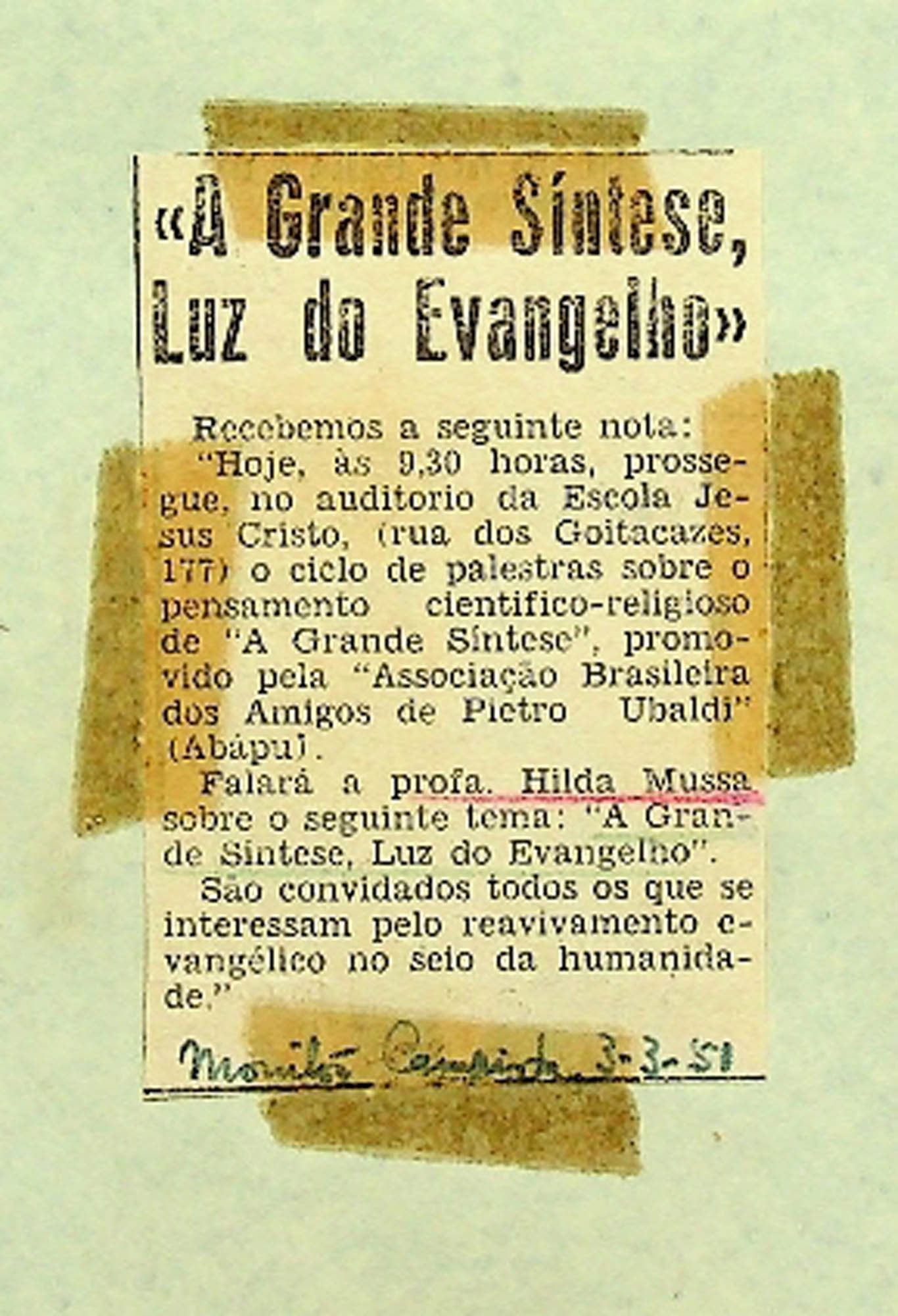 JN – 1951 (03 DE MARÇO) A GRANDE SÍNTESE, LUZ DO EVANGELHO