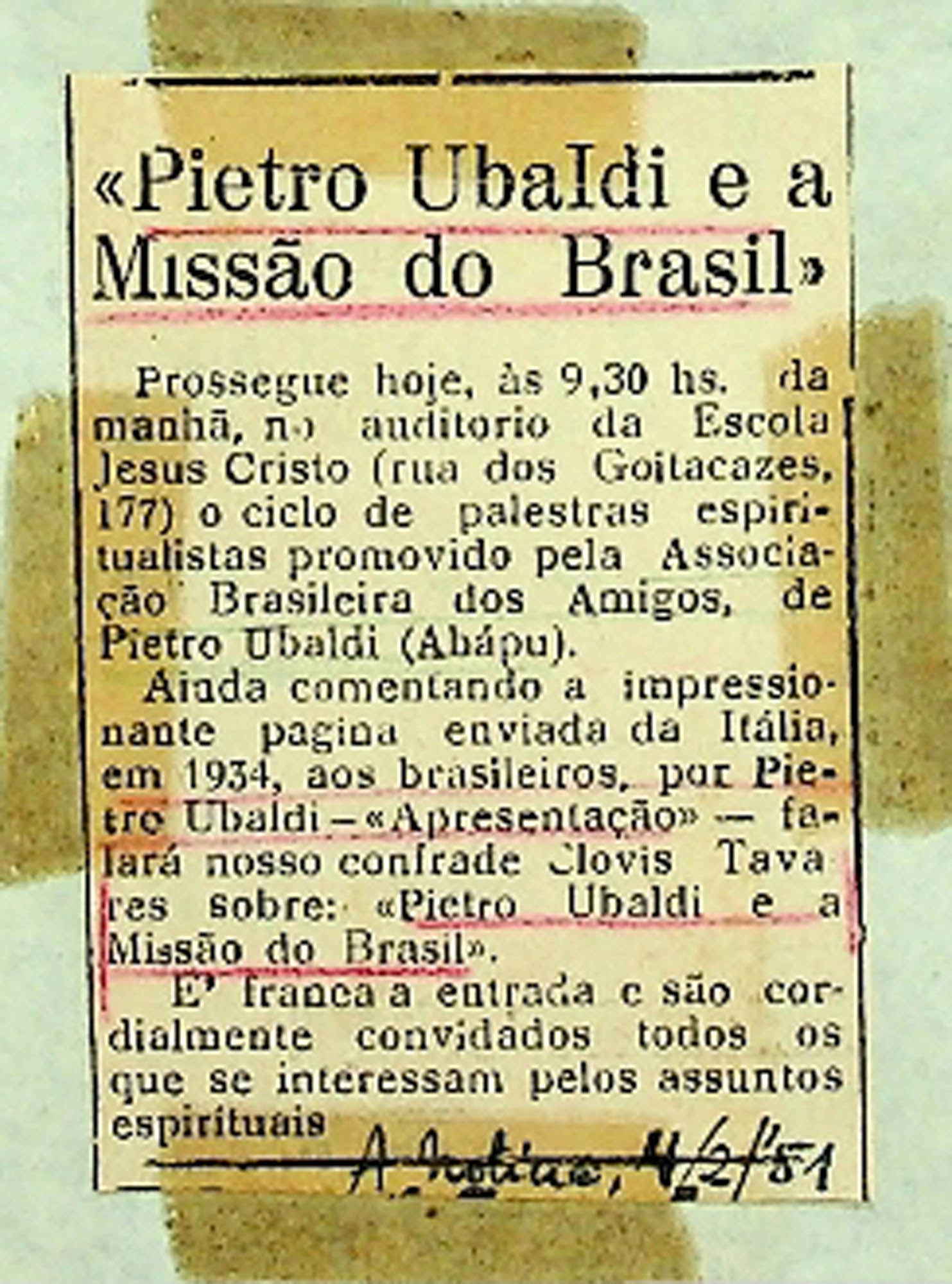 JN – 1951 (04 DE FEVEREIRO) PIETRO UBALDI E A MISSÃO DO BRASIL
