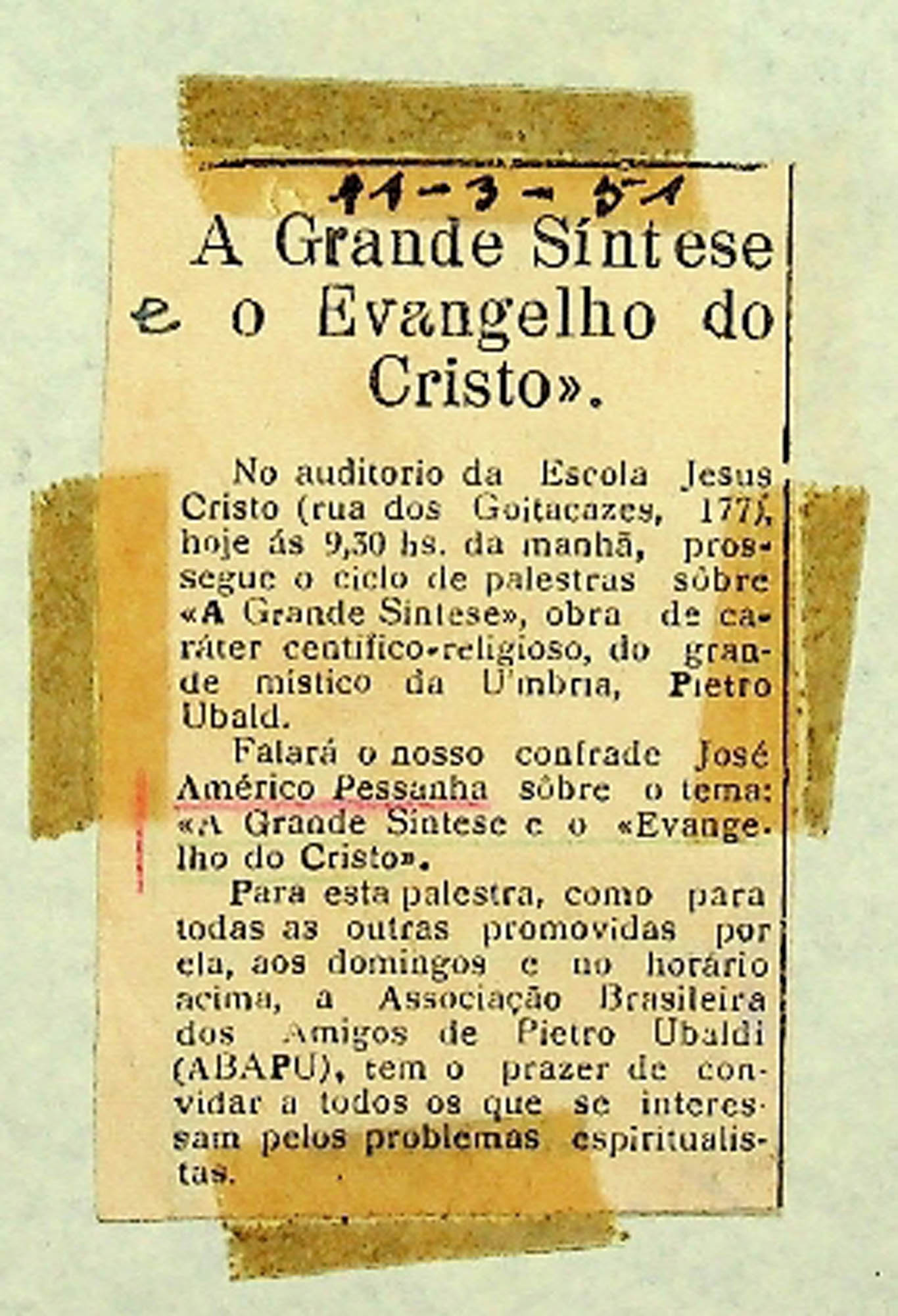 JN – 1951 (11 DE MARÇO) A GRANDE SÍNTESE E O EVANGELHO DO CRISTO