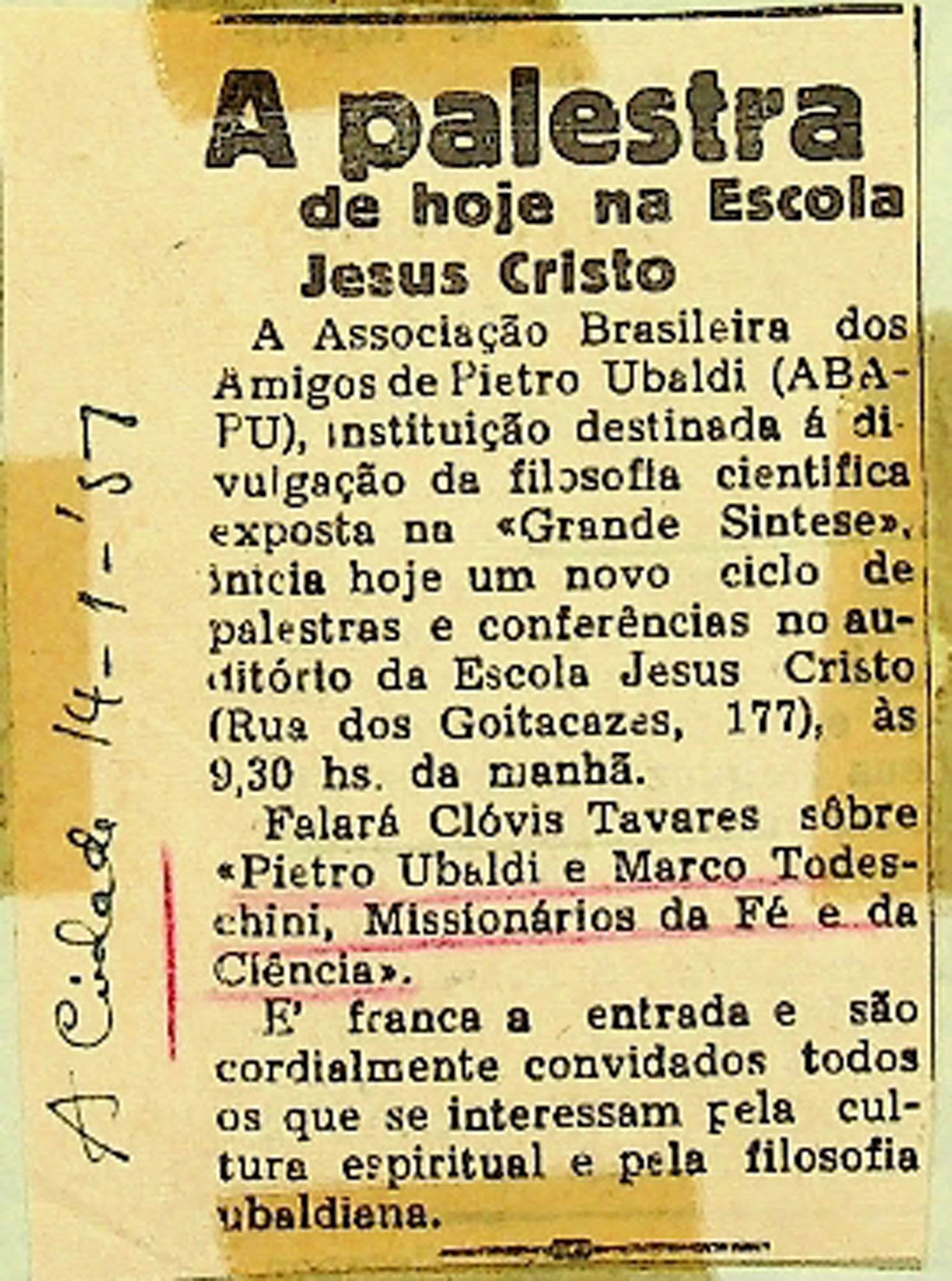 JN – 1951 (14 DE JANEIRO) A PALESTRA DE HOJE NA ESCOLA JESUS CRISTO