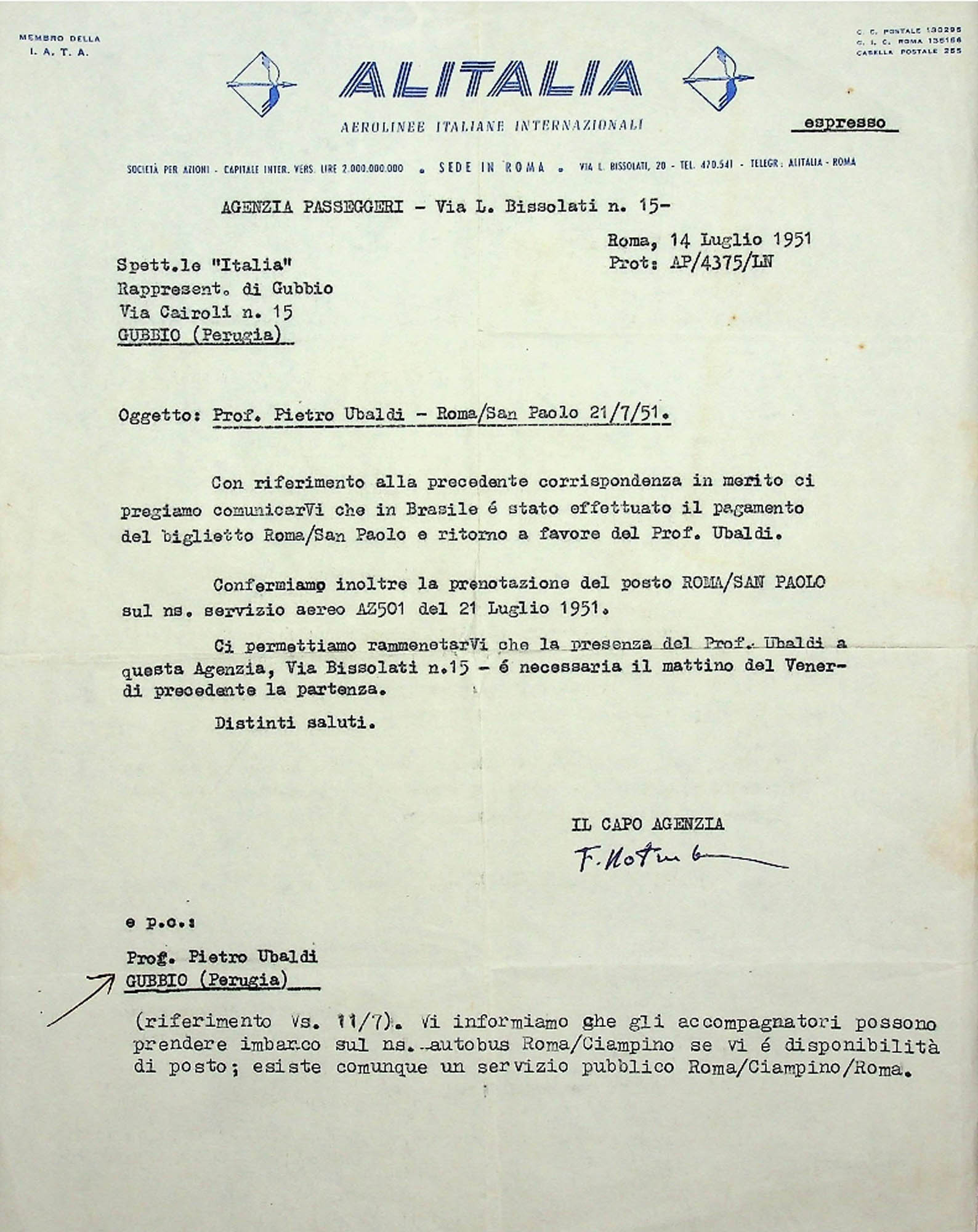 JN – 1951 (14 DE JULHO) AGENZIA DE PASSEGGERI – VIA BISSOLATI Nº 15