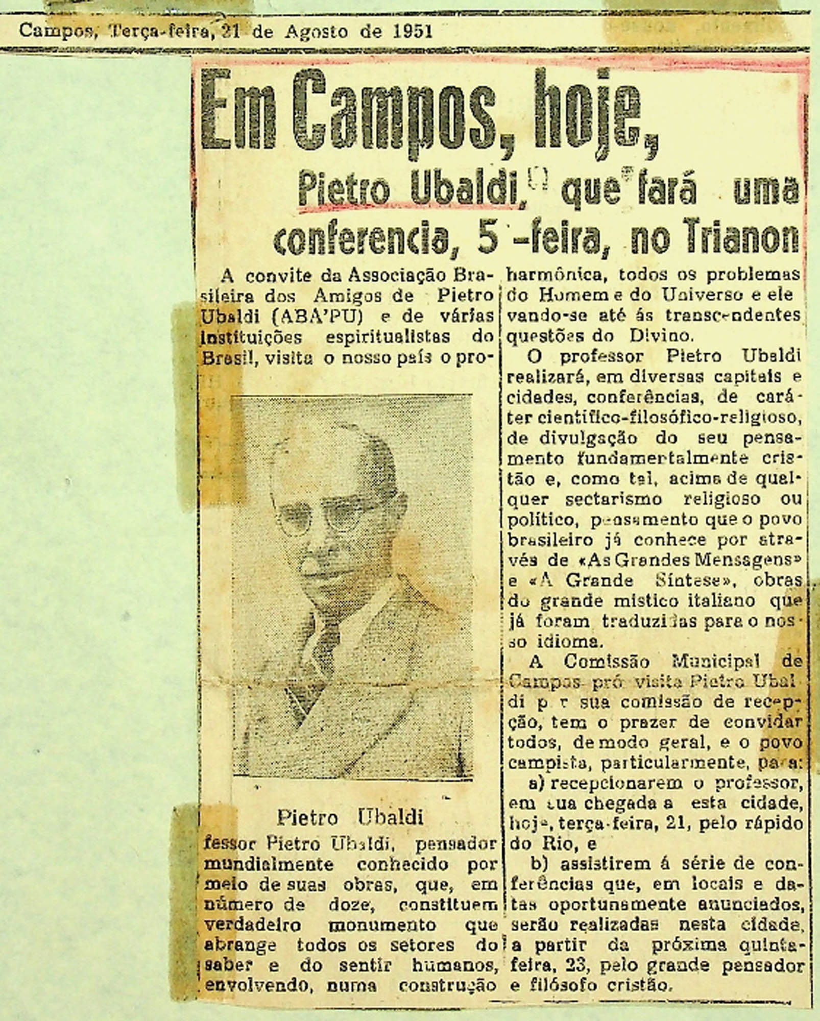 JN – 1951 (21 DE AGOSTO) EM CAMPOS, HOJE, PIETRO UBALDI QUE FARÁ UMA CONFERENCIA NO TRIANON