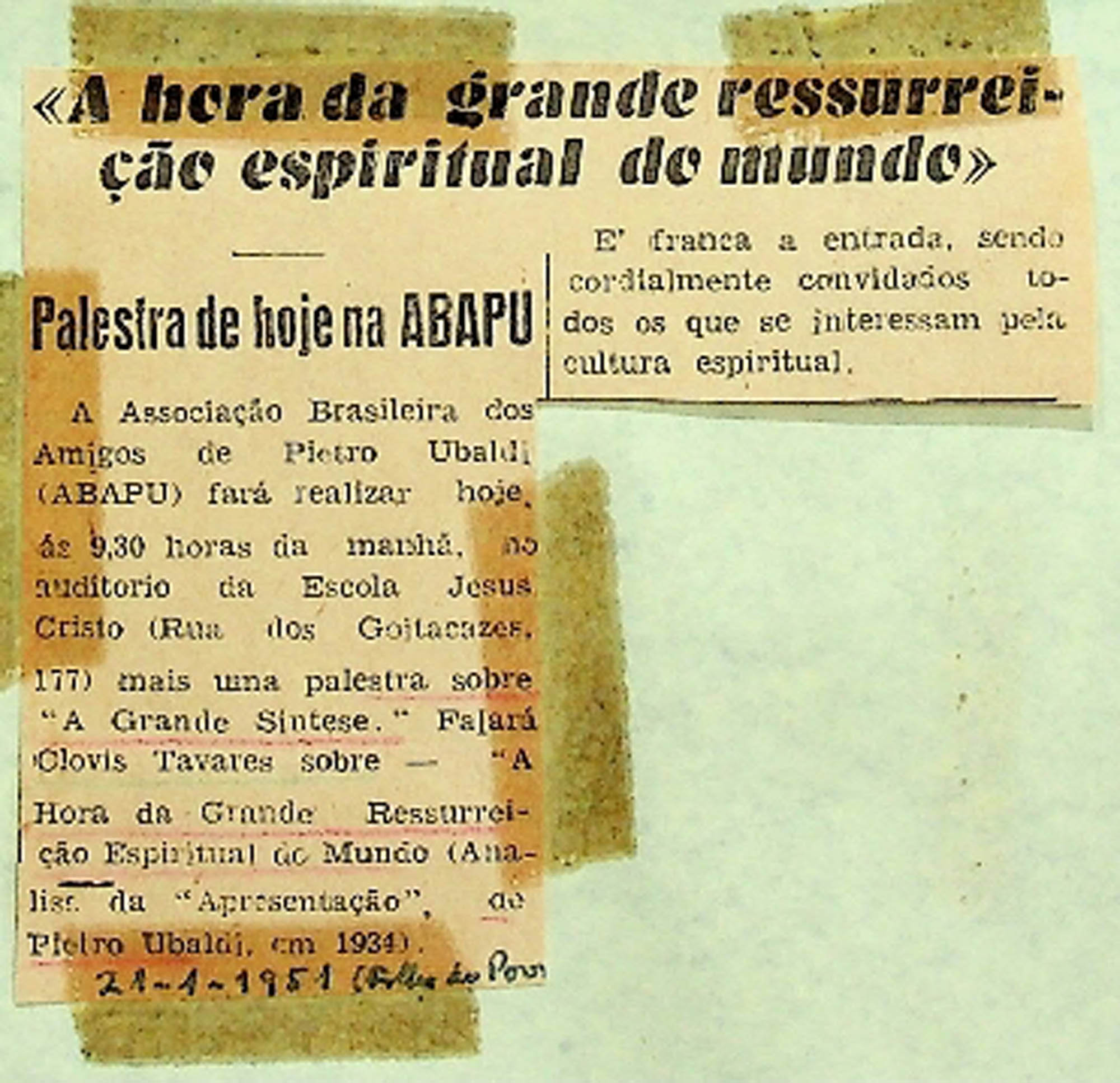 JN – 1951 (21 DE JANEIRO) A HORA DA GRANDE RESSURREIÇÃO ESPIRITUAL DO MUDO