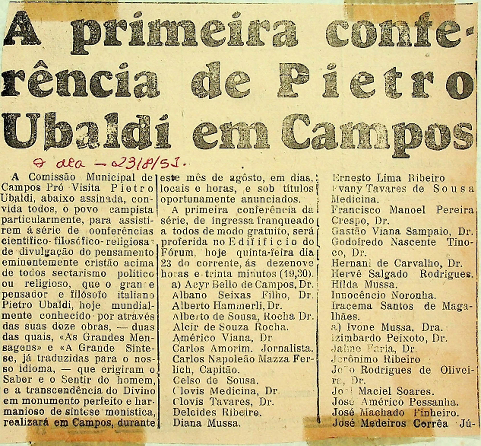 JN – 1951 (23 DE AGOSTO) A PRIMEIRA CONFERÊNCIA DE PIETRO UBALDI EM CAMPOS