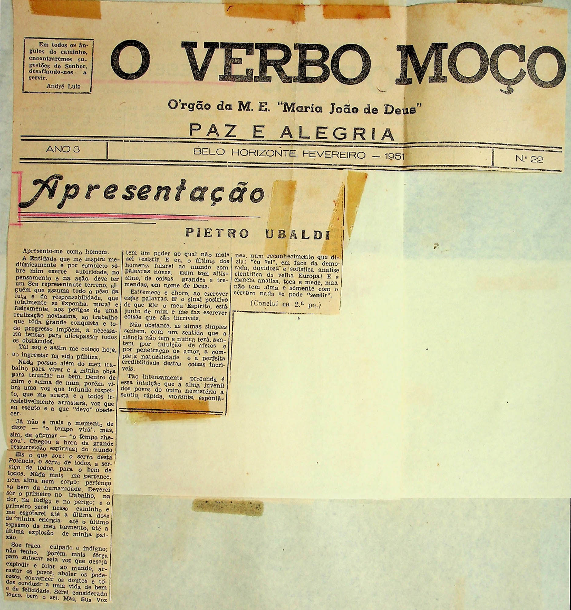 JN – 1951 (FEVEREIRO) O VERBO MOÇO – APRESENTAÇÃO PIETRO UBALDI