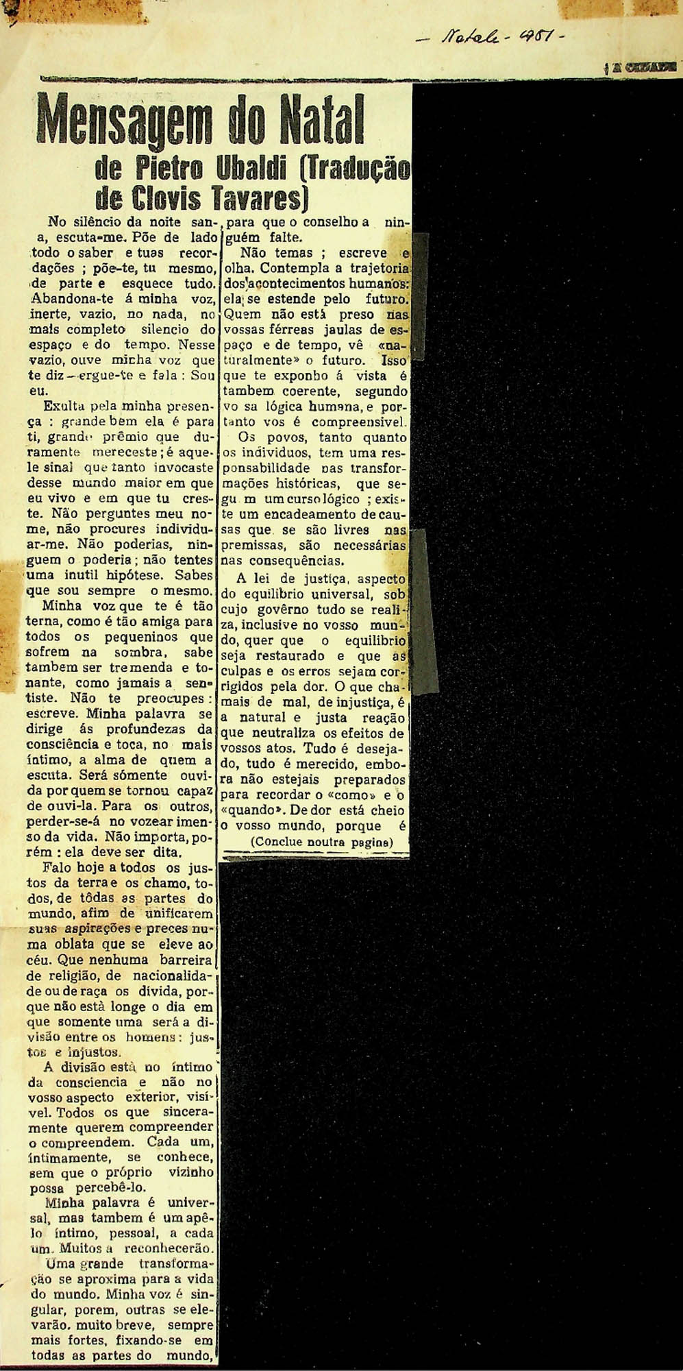 JN – 1951 – MENSAGEM DO NATAL DE PIETRO UBALDI