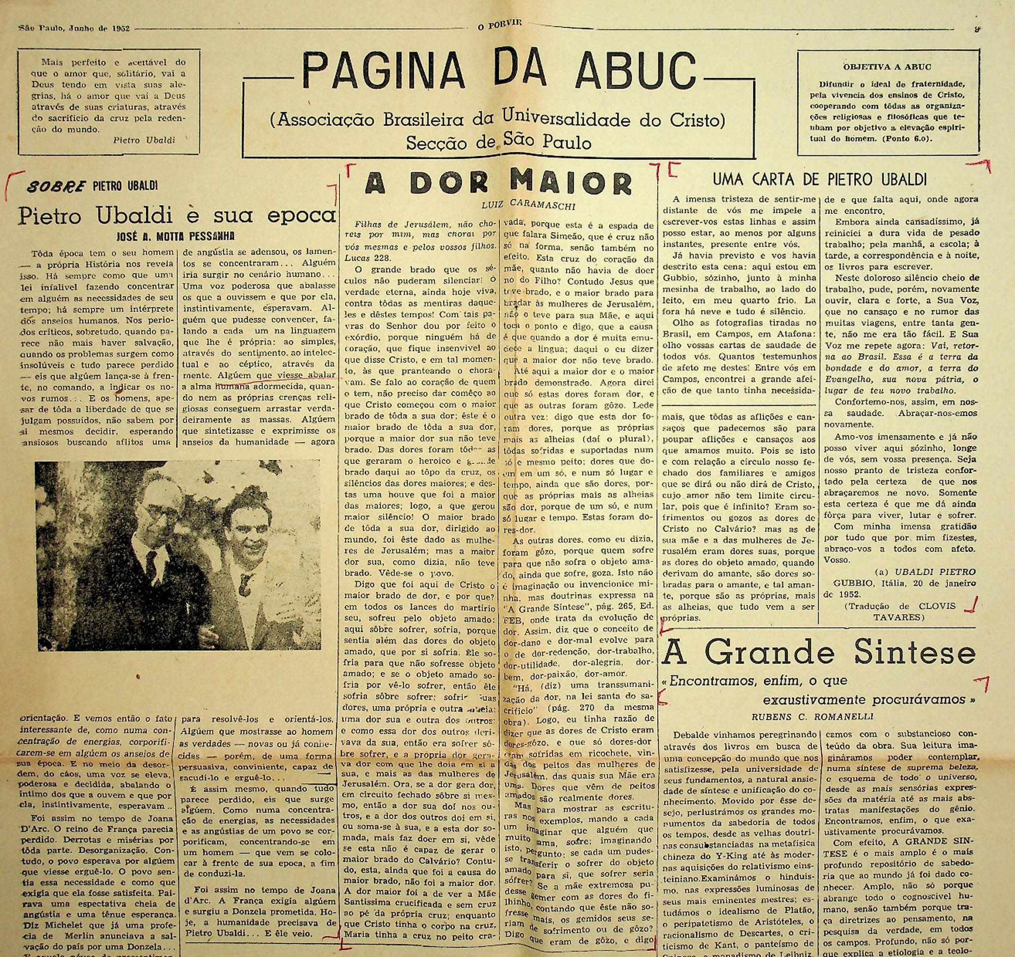JN – 1952 (JUNHO) SOBRE PIETRO UBALDI – PAGINA DA ABUC (1)