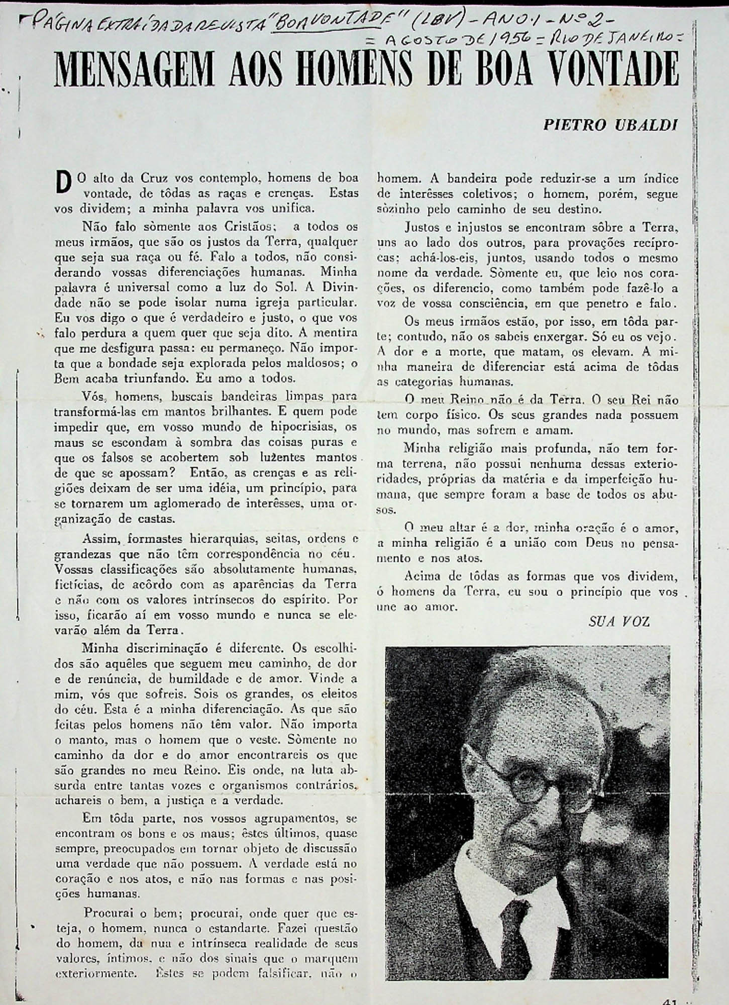 JN – 1956 (AGOSTO ) ANO I – Nº 2 – MENSAGEM AOS HOMENS DE BOA VONTADE