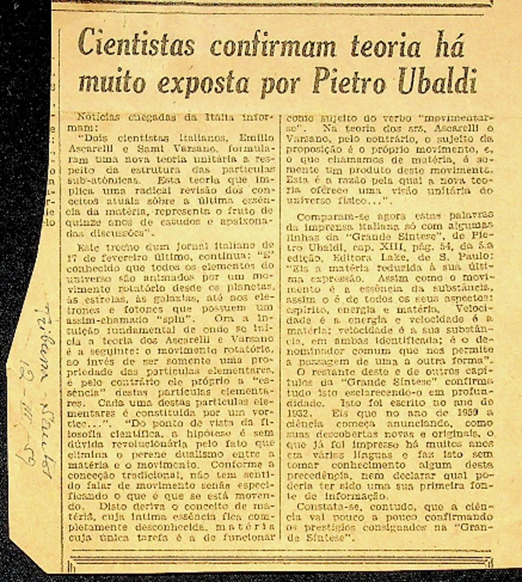 JN – 1959 (12 DE MARÇO) CIENTISTAS CONFIRMAM TEORIA HA MUITO EXPOSTA POR PIETRO UBALDI