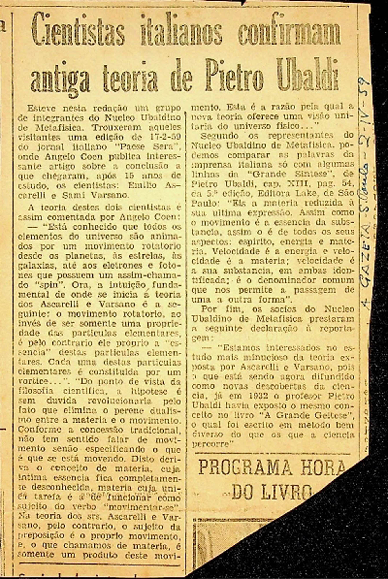 JN – 1959 (2 DE ABRIL) CIENTISTAS ITALIANOS CONFIRMAM ANTIGA TEORIA DE PIETRO UBALDI