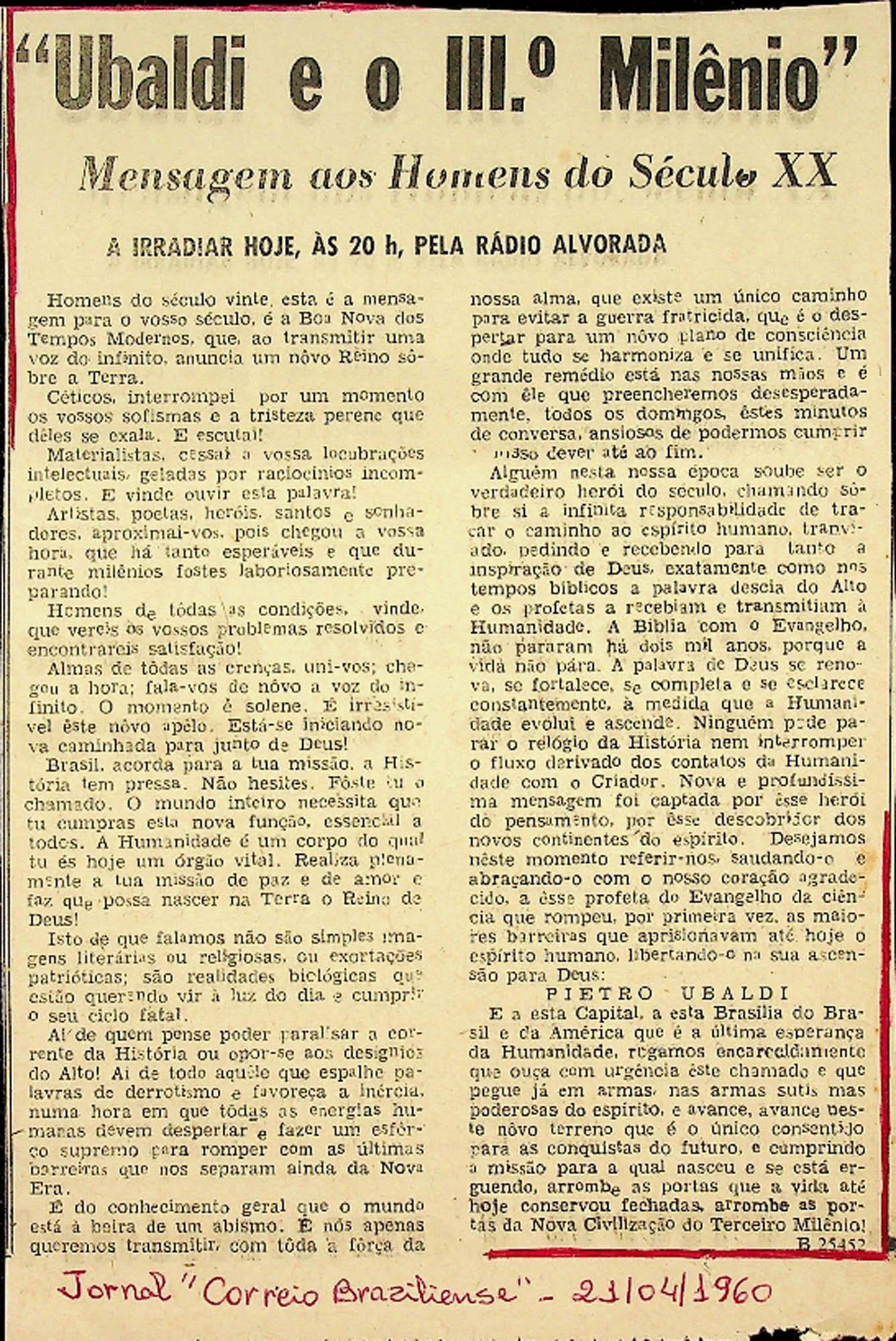 JN – 1960 (21 DE ABRIL) UBALDI E O IIIº MILÊNIO – MENSAGEM AOS HOMENS DO SÉCULO XX