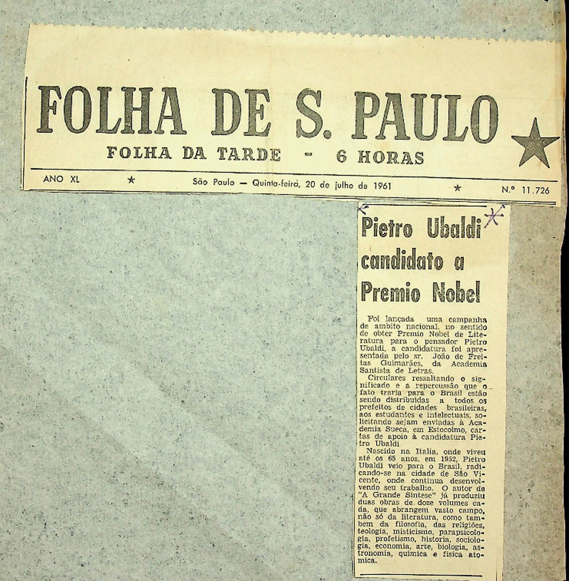 JN – 1961 (20 DE JULHO) FOLHA DE SAO PAULO – PIETRO UBALDI CANDIDATO A PREMIO NOBEL