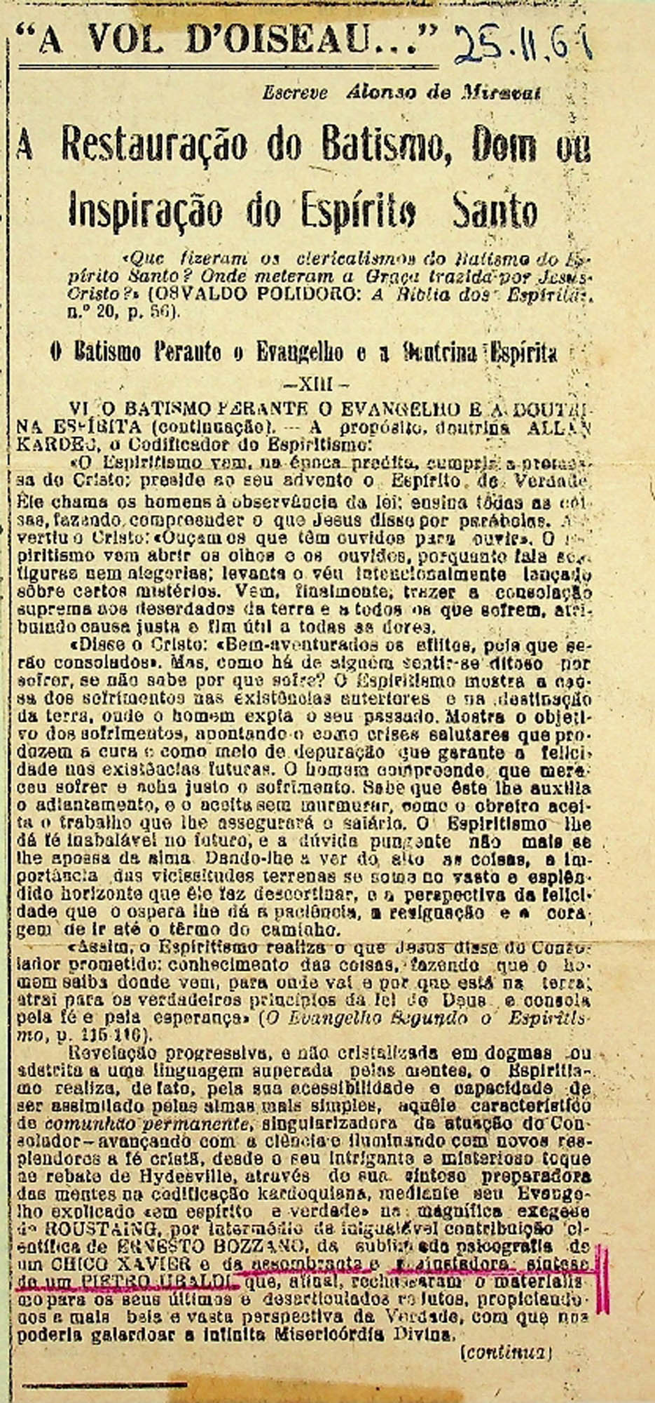 JN – 1961 (25 DE NOVEMBRO) A RESTAURAÇÃO DO BATISMO, DOM OU INSPIRAÇÃO DO ESPÍRITO SANTO