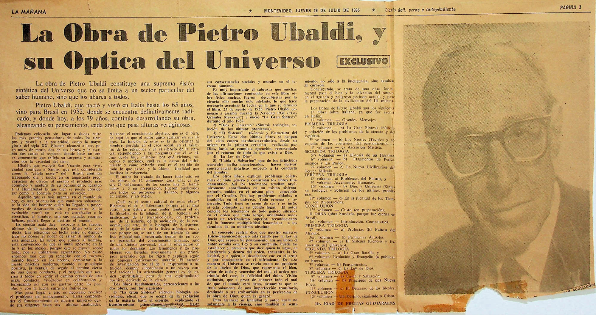 JN – 1965 (29 DE JULIO) LA MAÑANA – LA OBRA DE PIETRO UBALDI, Y SU OPTICA DEL UNIVERSO