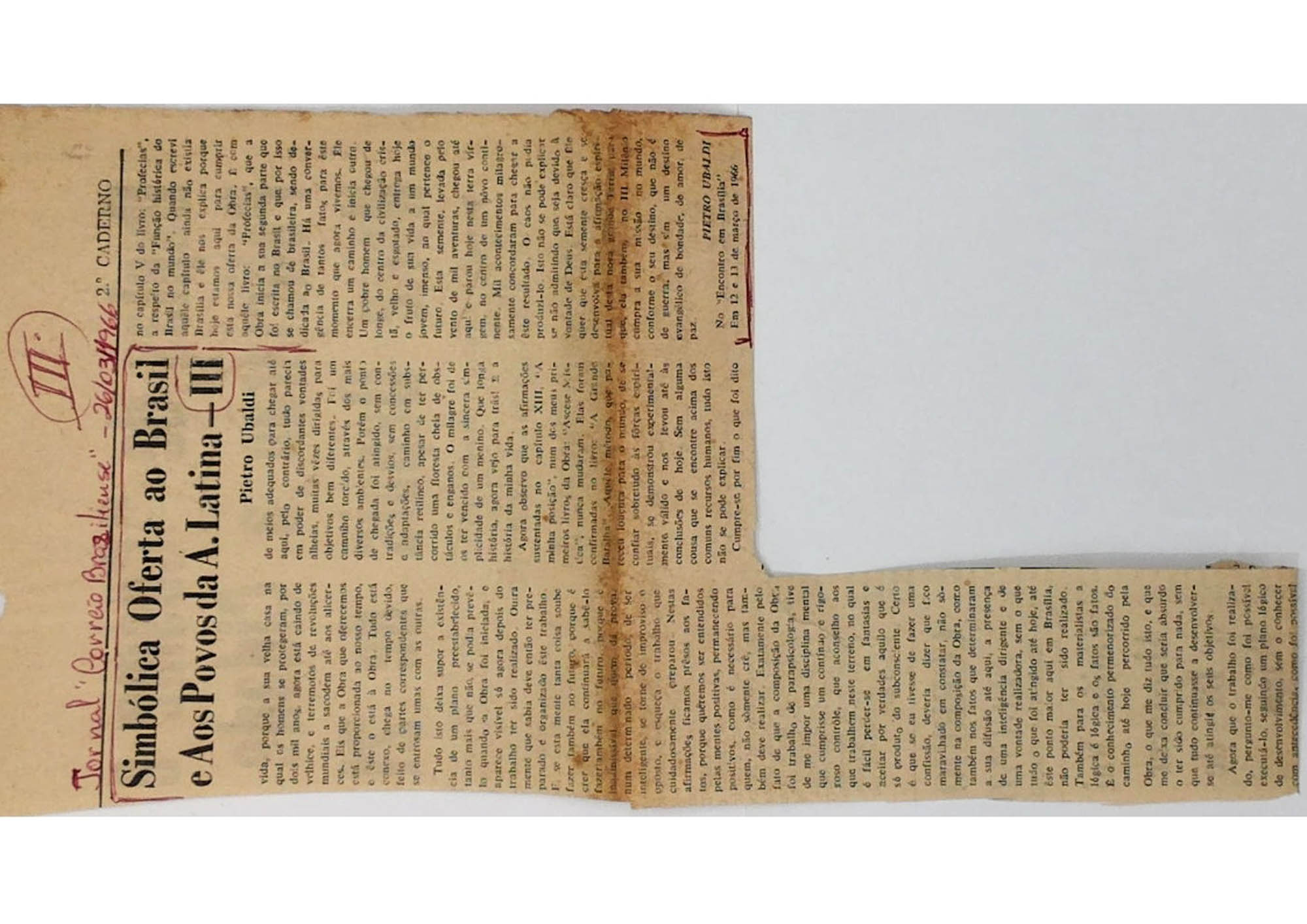 JN – 1966 (26 DE MARÇO) SIMBOLICA OFERTA AO BRASIL E AOS POVOS DE A. LATINA – III