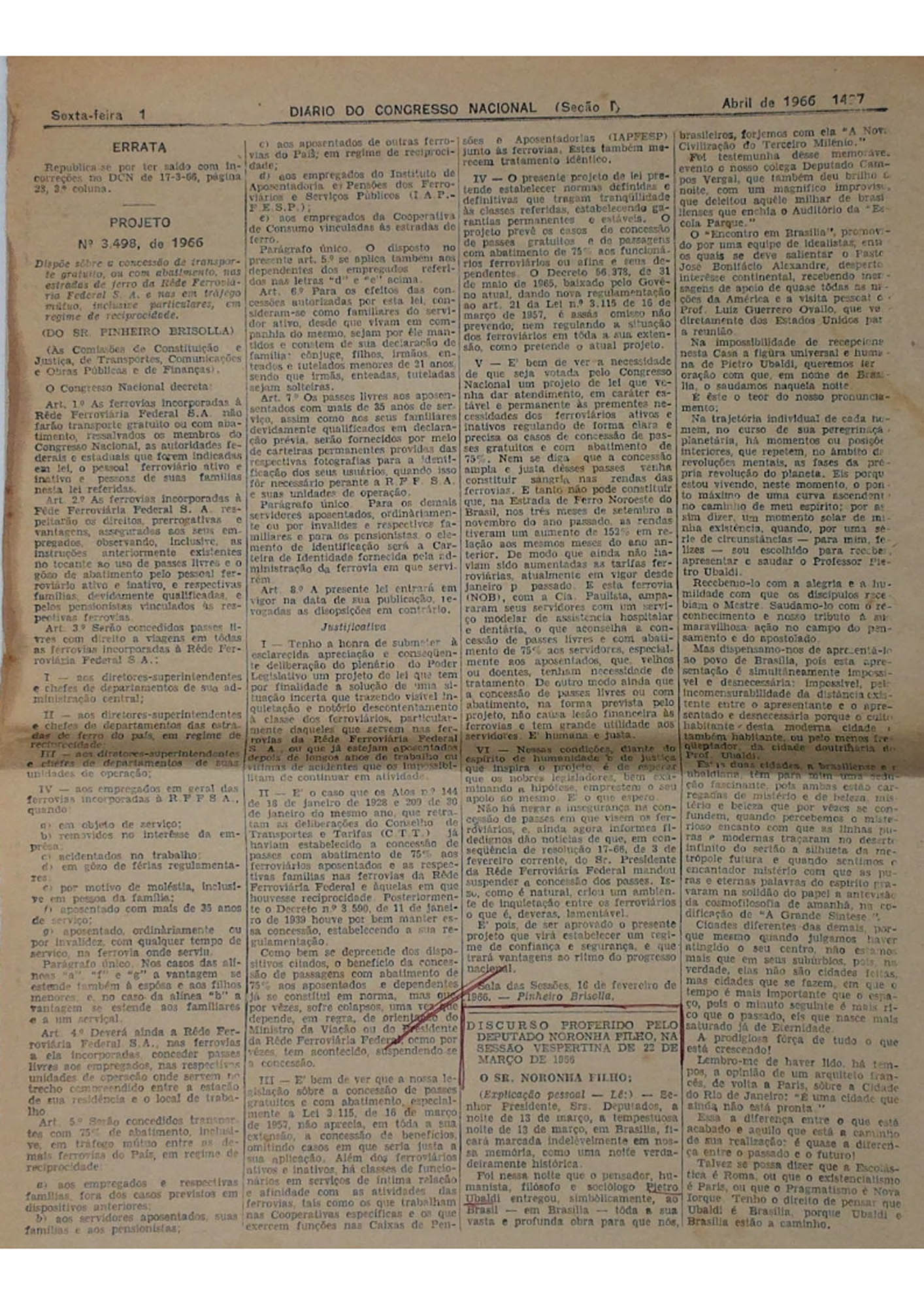 JN – 1966 (ABRIL) DISCURSO PROFERIDO PELO DEPUTADO NOR (1)