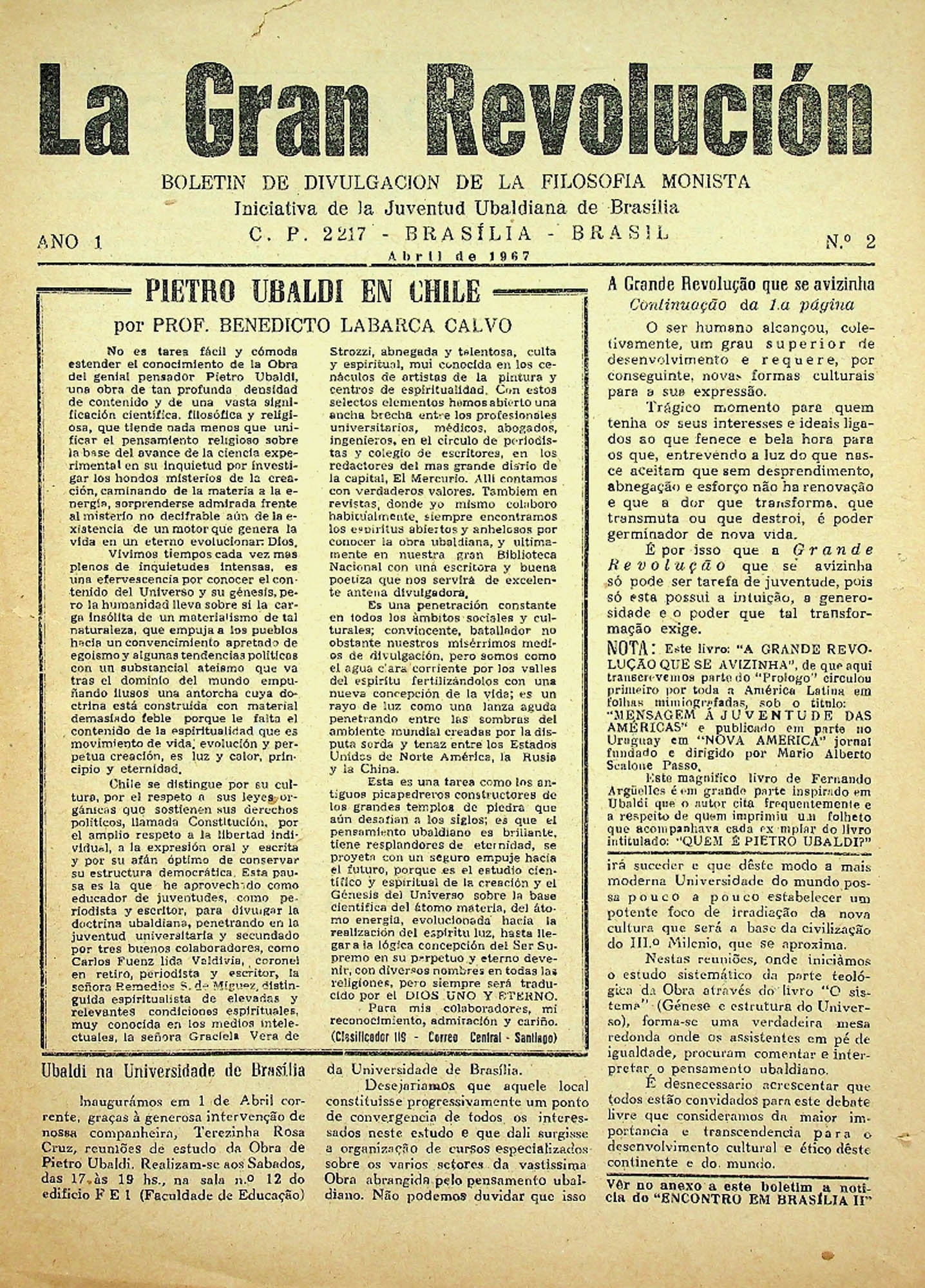 JN – 1967 (ABRIL) PALAVRAS COM QUE SE INICIOU O ENCONTRO EM BRASÍLIA II ANO 1 Nº (