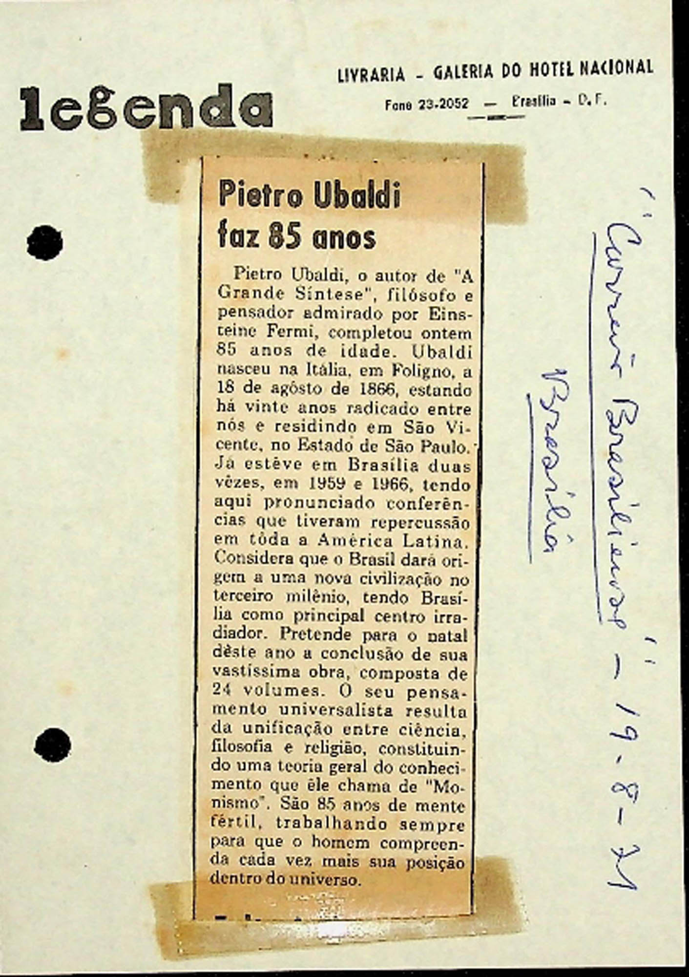 JN – 1971 (19 DE AGOSTO) PIETRO UBALDI FAZ 85 ANOS