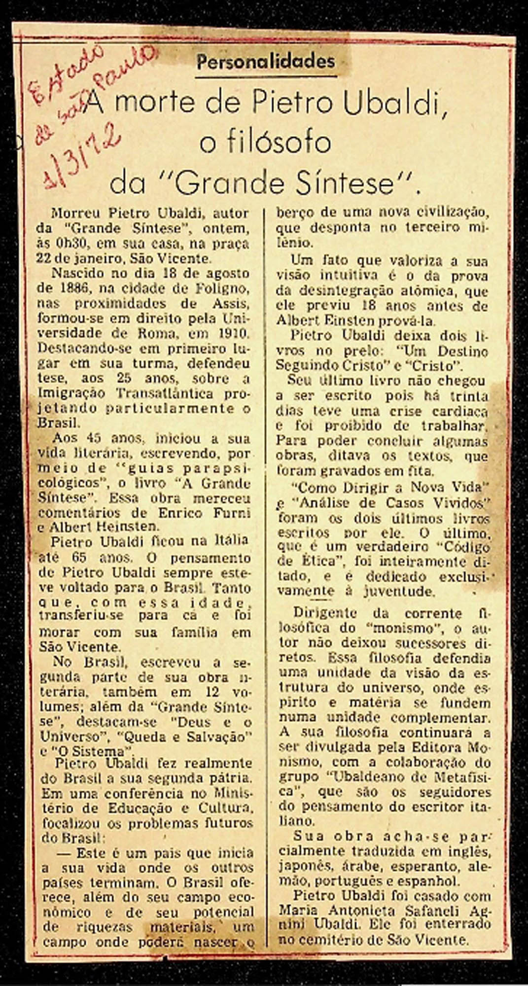 JN – 1972 (01 DE MARÇO) A MORTE DE PIETRO UBALDI O FILOSOFO DA GRANDE SINTESE