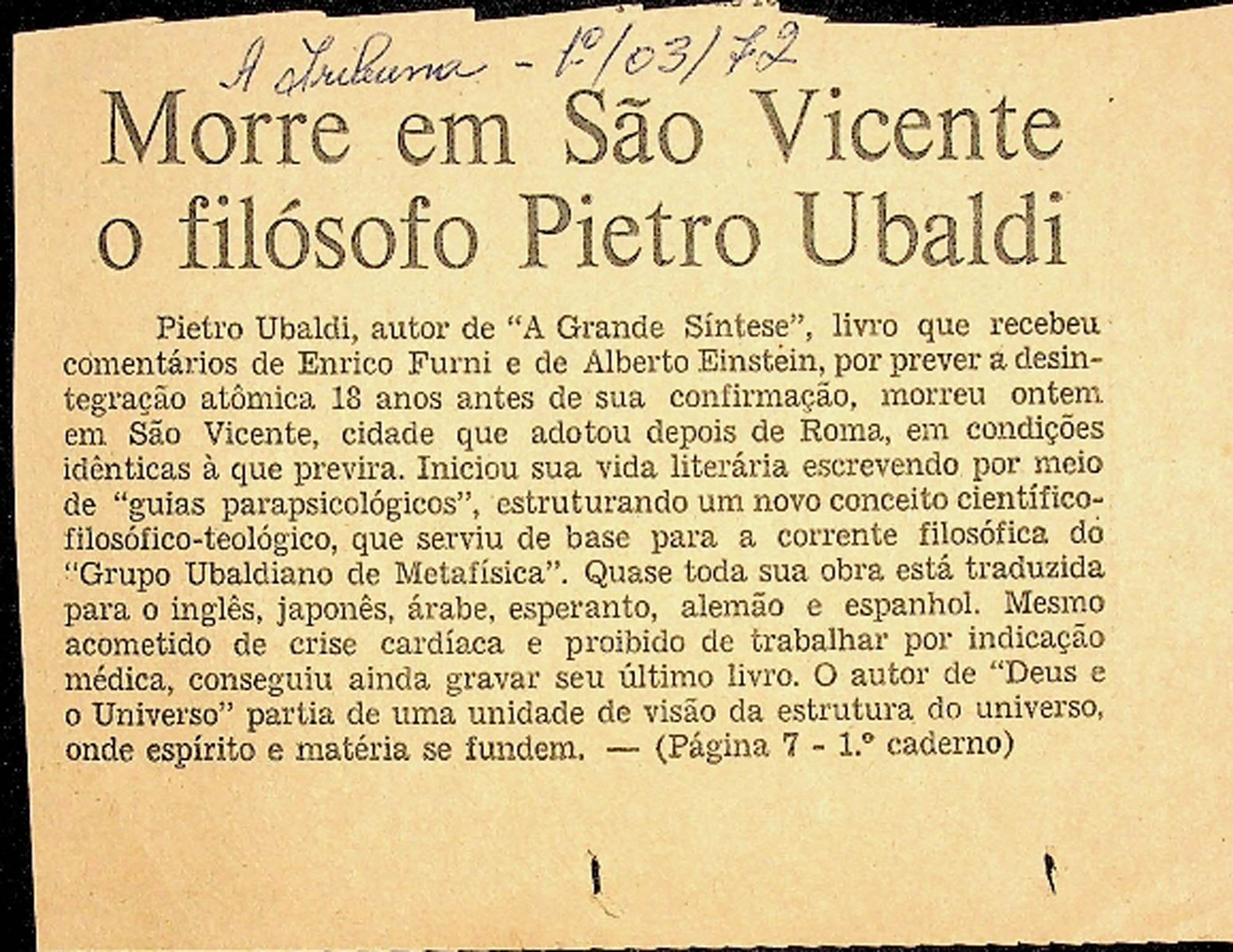 JN – 1972 (01 DE MARÇO) MORRE EM SÃO VICENTE O FILOSOFO PIETRO UBALDI
