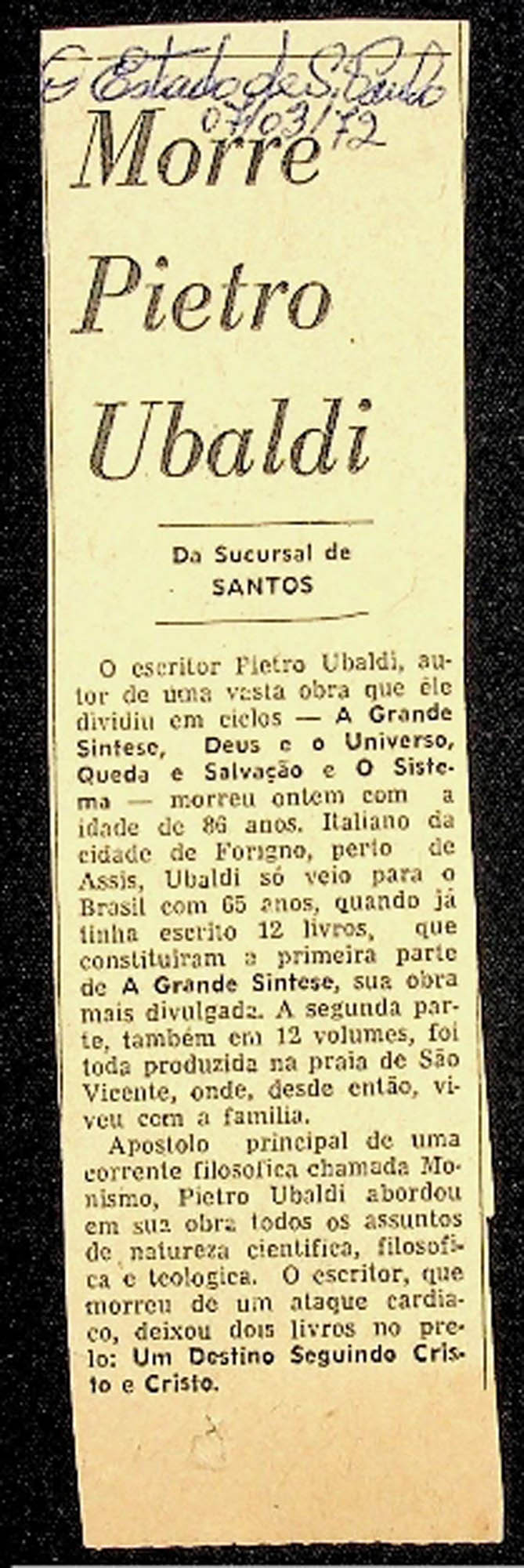 JN – 1972 (07 DE MARÇO) MORRE PIETRO UBALDI