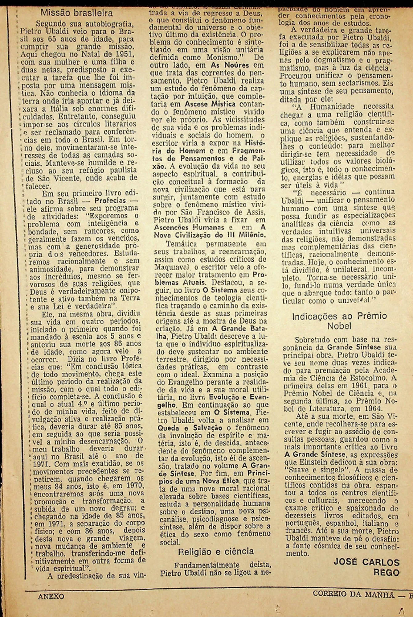 JN – 1972 (6 DE MARÇO) PIETRO UBALDI UM PENSADOR DA CIENCIA E RELIGIÃO (2)