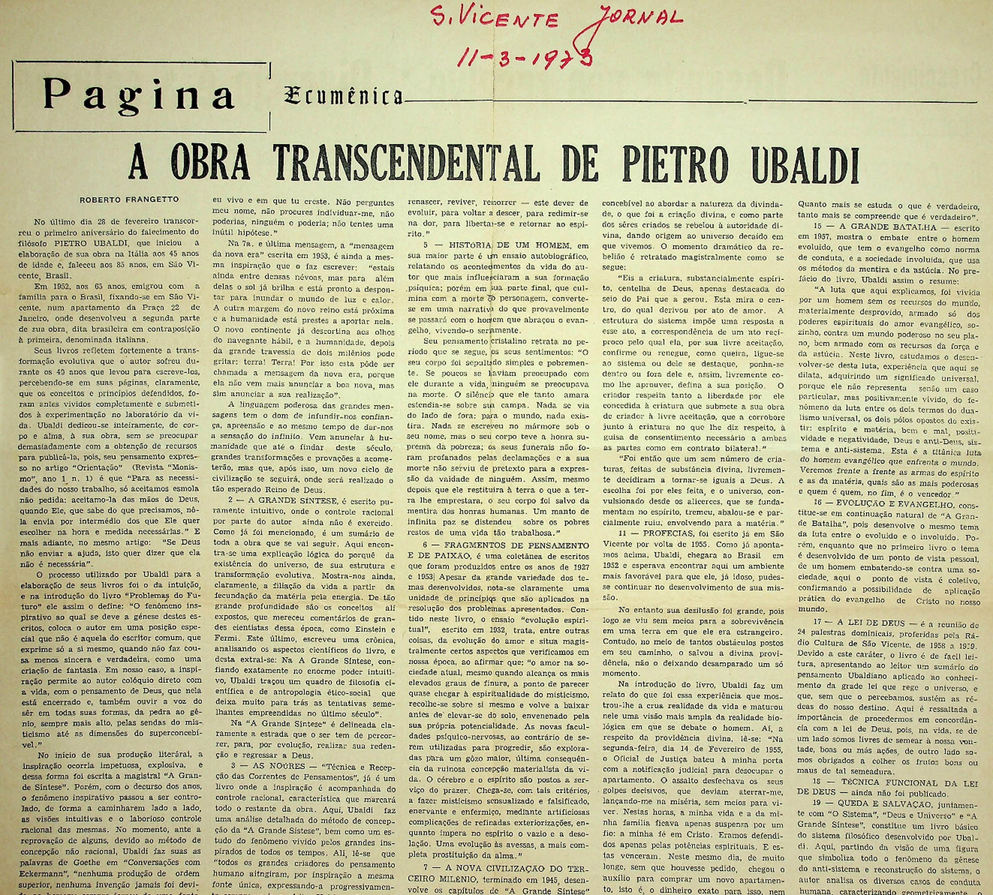 JN – 1973 (11 DE MARÇO) A OBRA TRANSCENDENTAL DE PIETRO UBALDI (1)