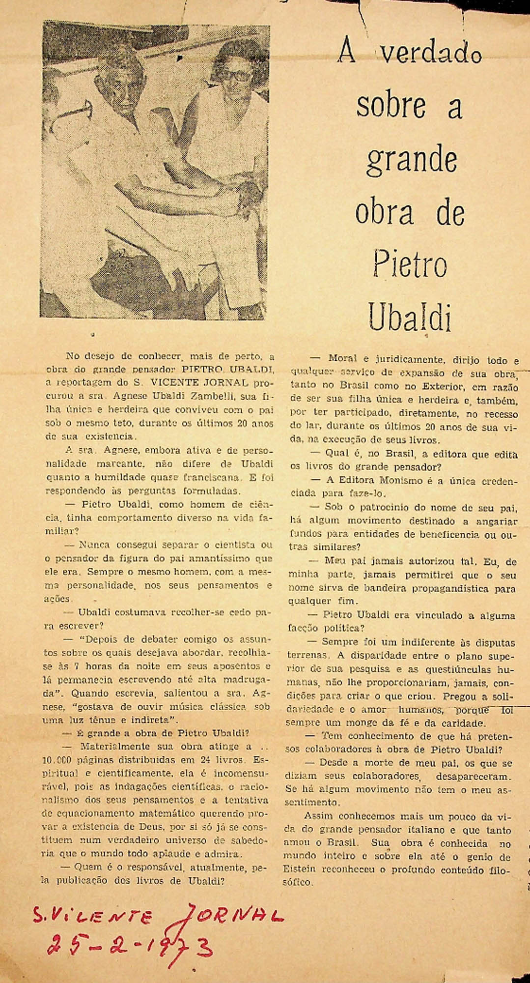 JN – 1973 (25 DE FEVEREIRO) A VERDADE SOBRE A GRANDE OBRA DE PIETRO UBALDI