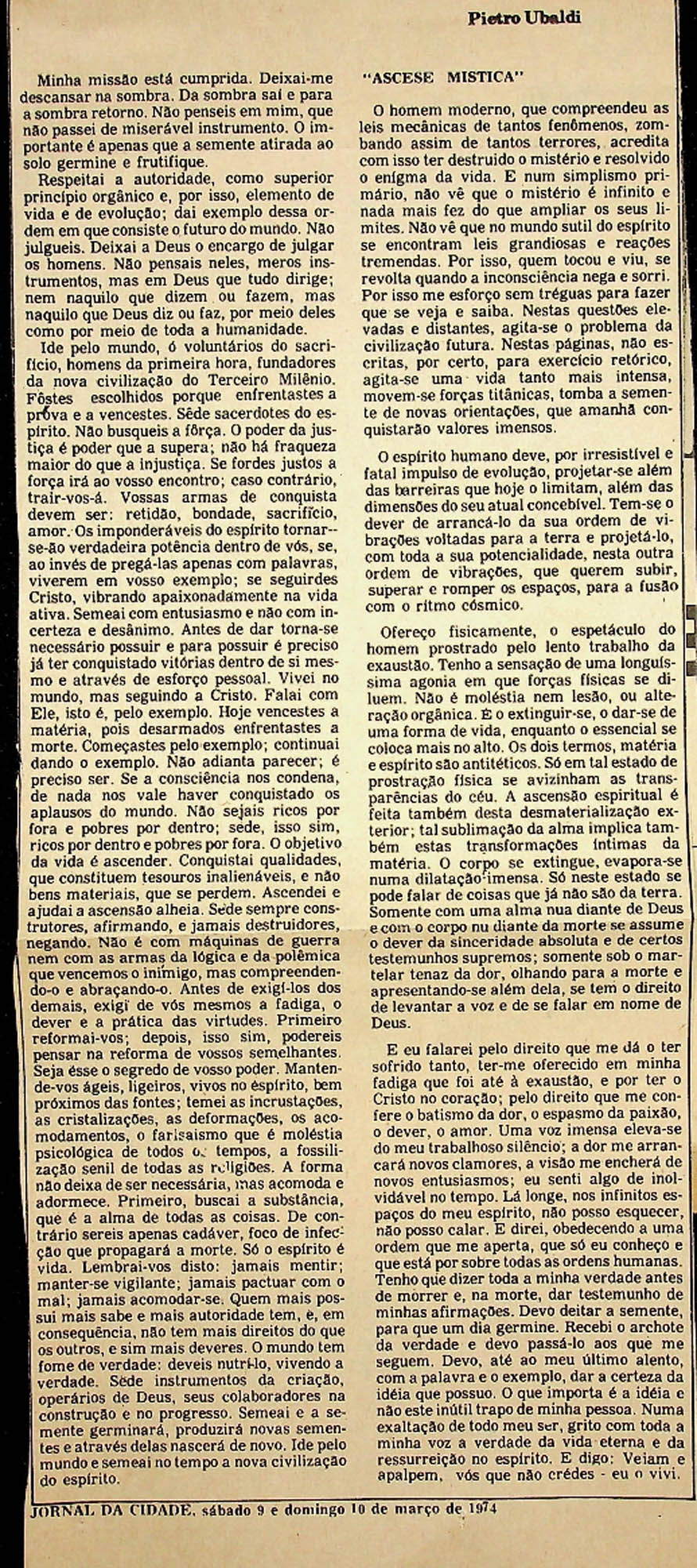 JN – 1974 (09 E 10 DE MARÇO) O MONISMO NAO MORREU – NOVA CIVILIZAÇÃO DO T (