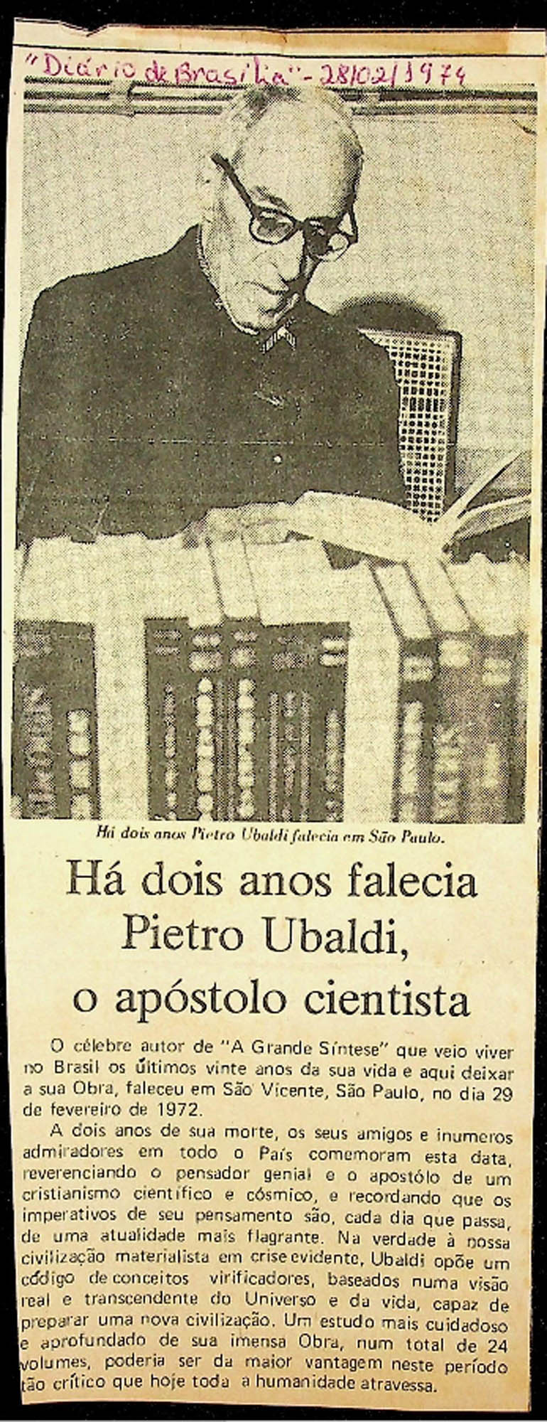 JN – 1974 (28 DE FEVEREIRO) HA DOIS ANOS FALECIA PIETRO UBALDI O APOSTOLO CIENTISTA