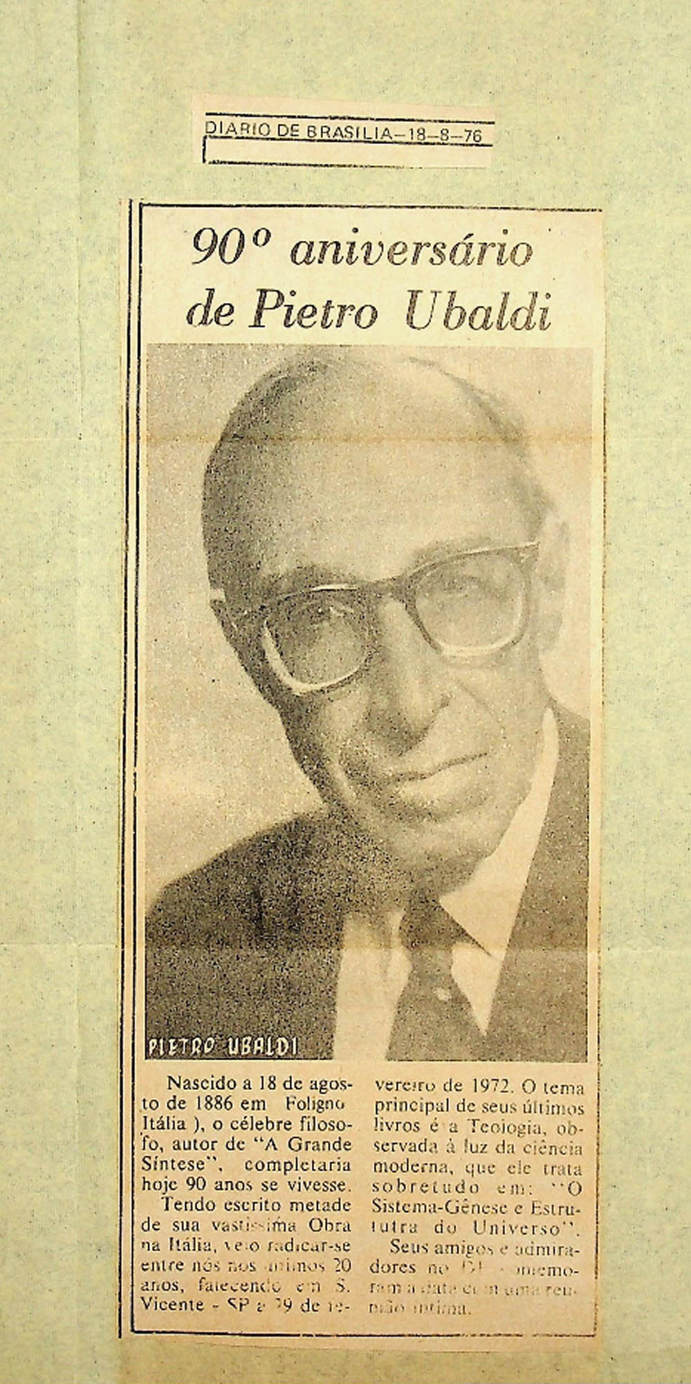 JN – 1976 (18 DE AGOSTO) 90º ANIVERSARIO DE PIETRO UBALDI