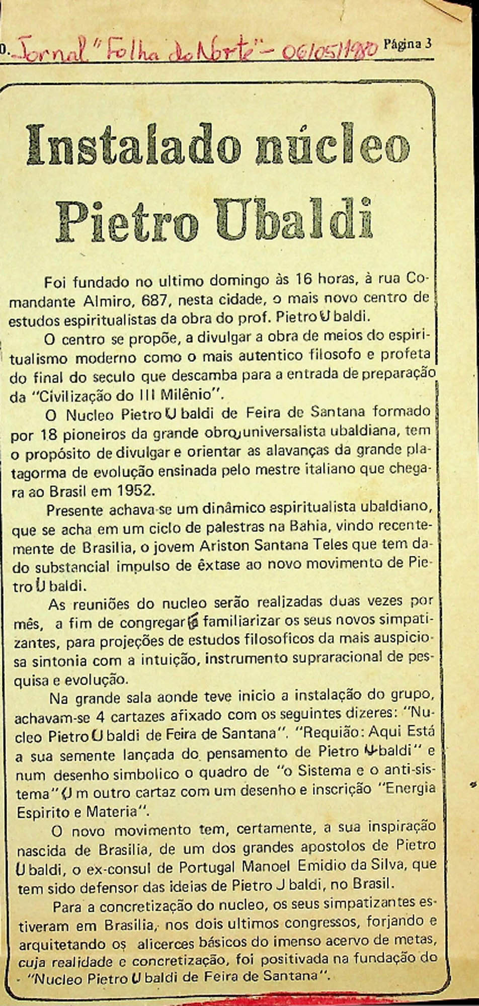 JN – 1980 (06 DE MAIO) INSTALADO NUCLEO PIETRO UBALDI