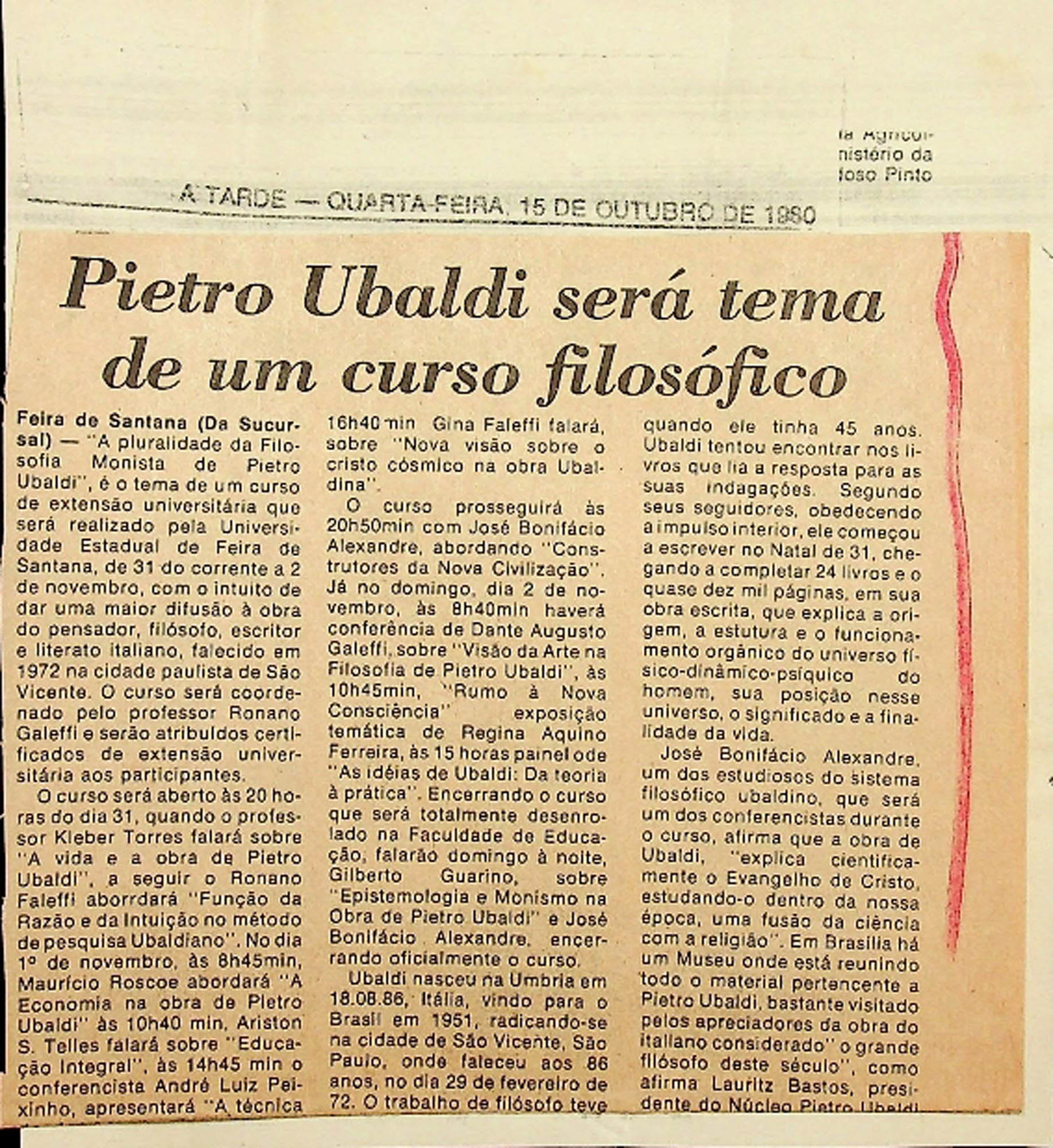 JN – 1980 (15 DE OUTUBRO) PIETRO UBALDI SERA TEMA DE UM CURSO FILOSOFICO