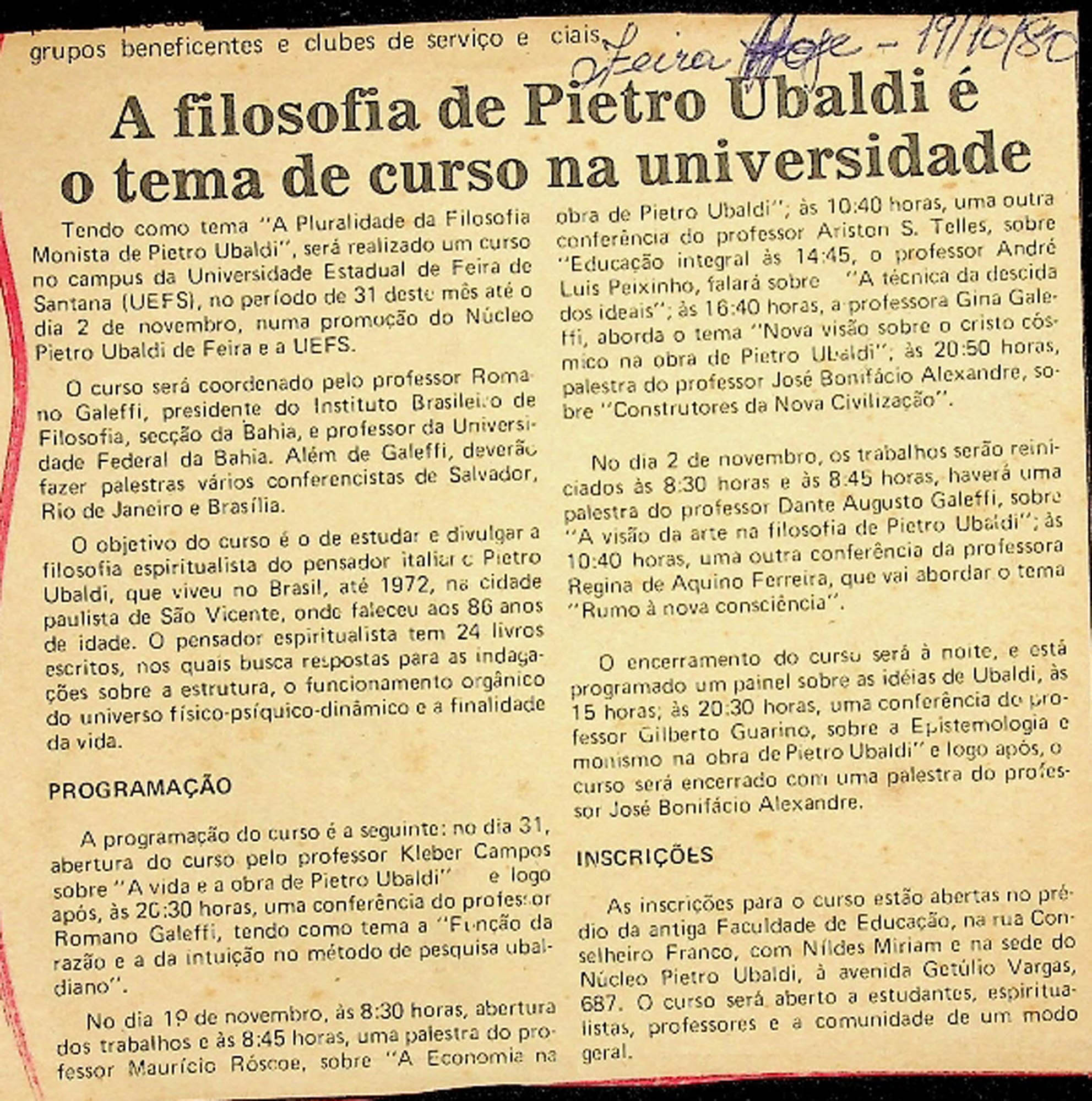 JN – 1980 (19 DE OUTUBRO) A FILOSOFIA DE PIETRO UBALDI O TEMA DE CURSO NA UNIVERSIDADE