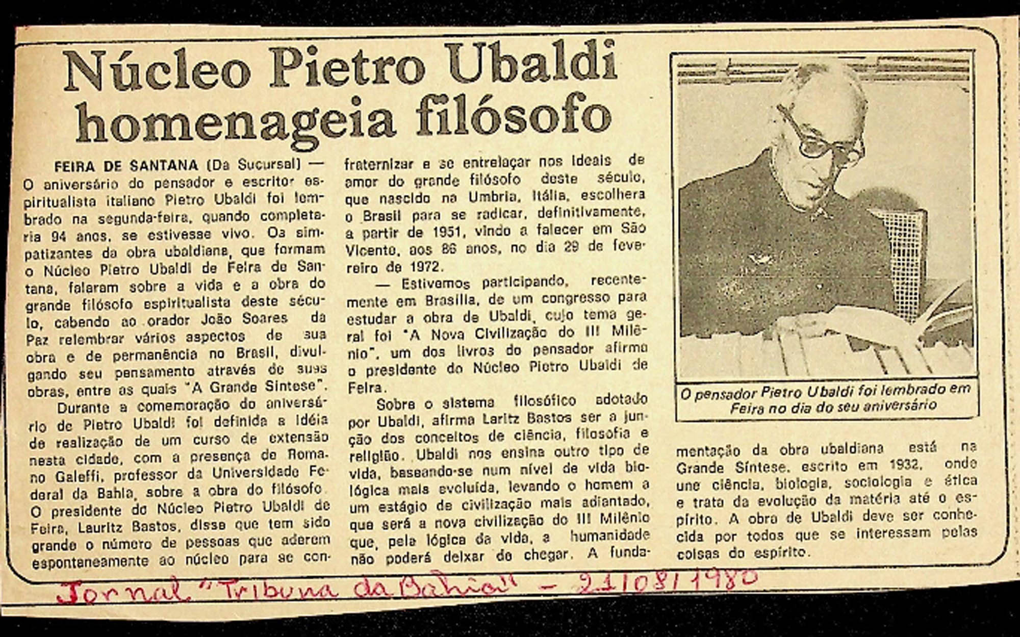 JN – 1980 (21 DE AGOSTO) NUCLEO PIETRO UBALDI HOMENAGEIA FILOSOFO