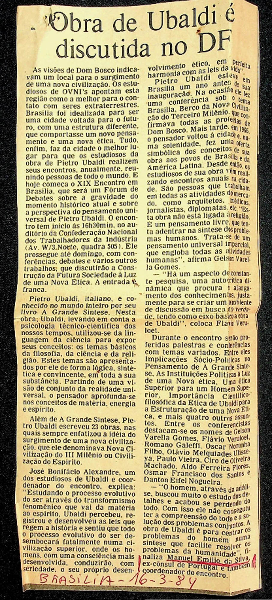 JN – 1984 (16 DE MARÇO) OBRA DE UBALDI E DISCUTIDA EM DF