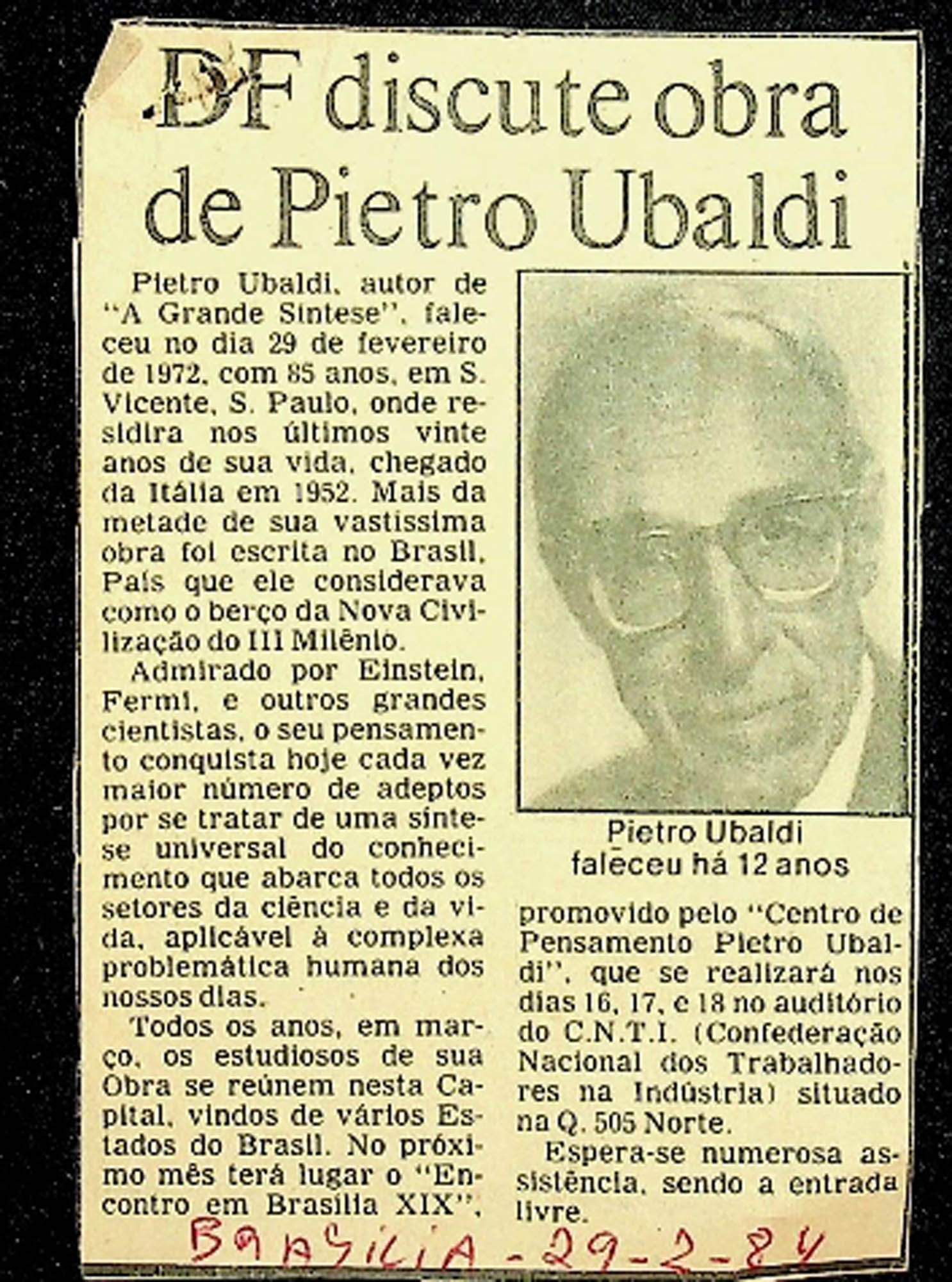 JN – 1984 (29 DE FEVEREIRO) DF DISCUTE A OBRA DE PIETRO UBALDI