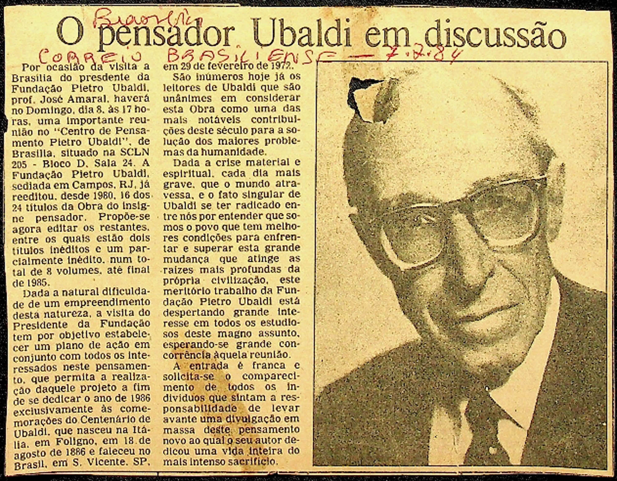 JN – 1984 (7 DE JULHO) O PENSADOR UBALDI EM DISCUSSÃO