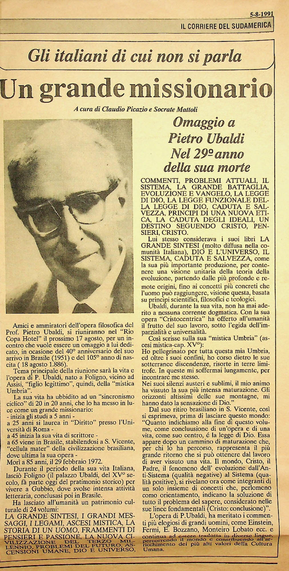 JN – 1991 (5 DE AGOSTO) IL CORRIERE DEL SUDAMERICA – UN GRANDE MISSIONARIO