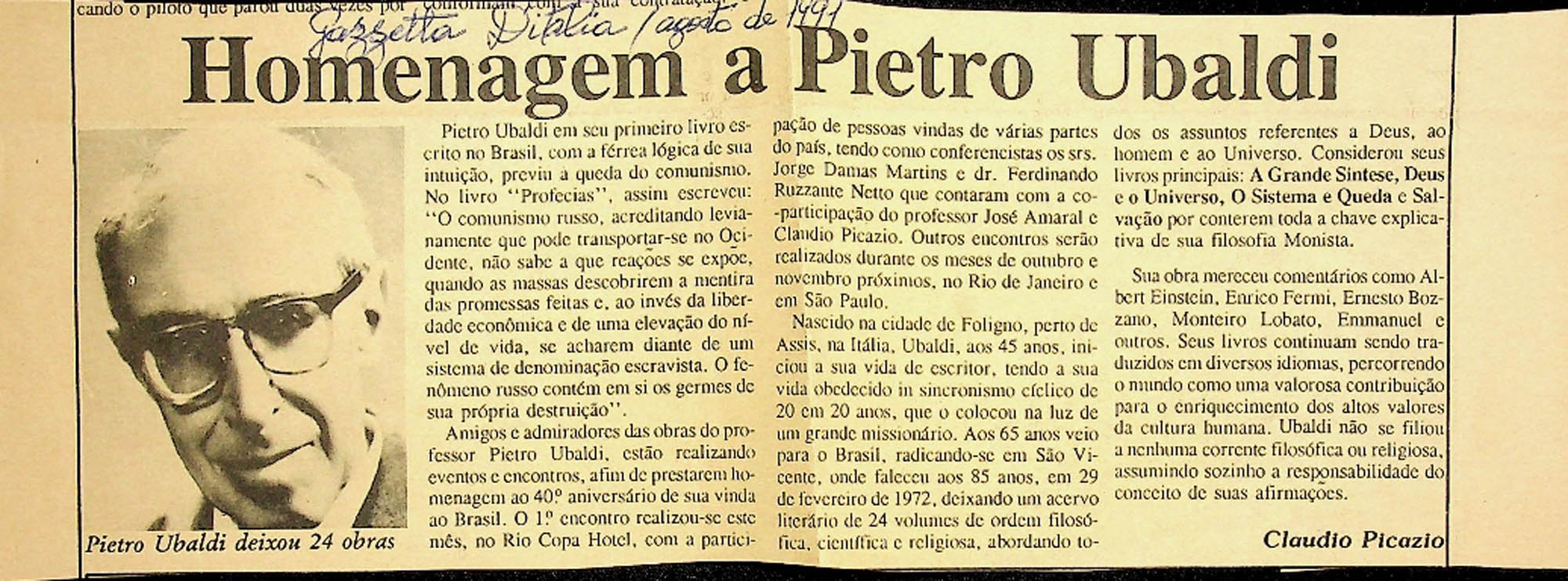 JN – 1991 (AGOSTO) HOMENAGEM A PIETRO UBALDI