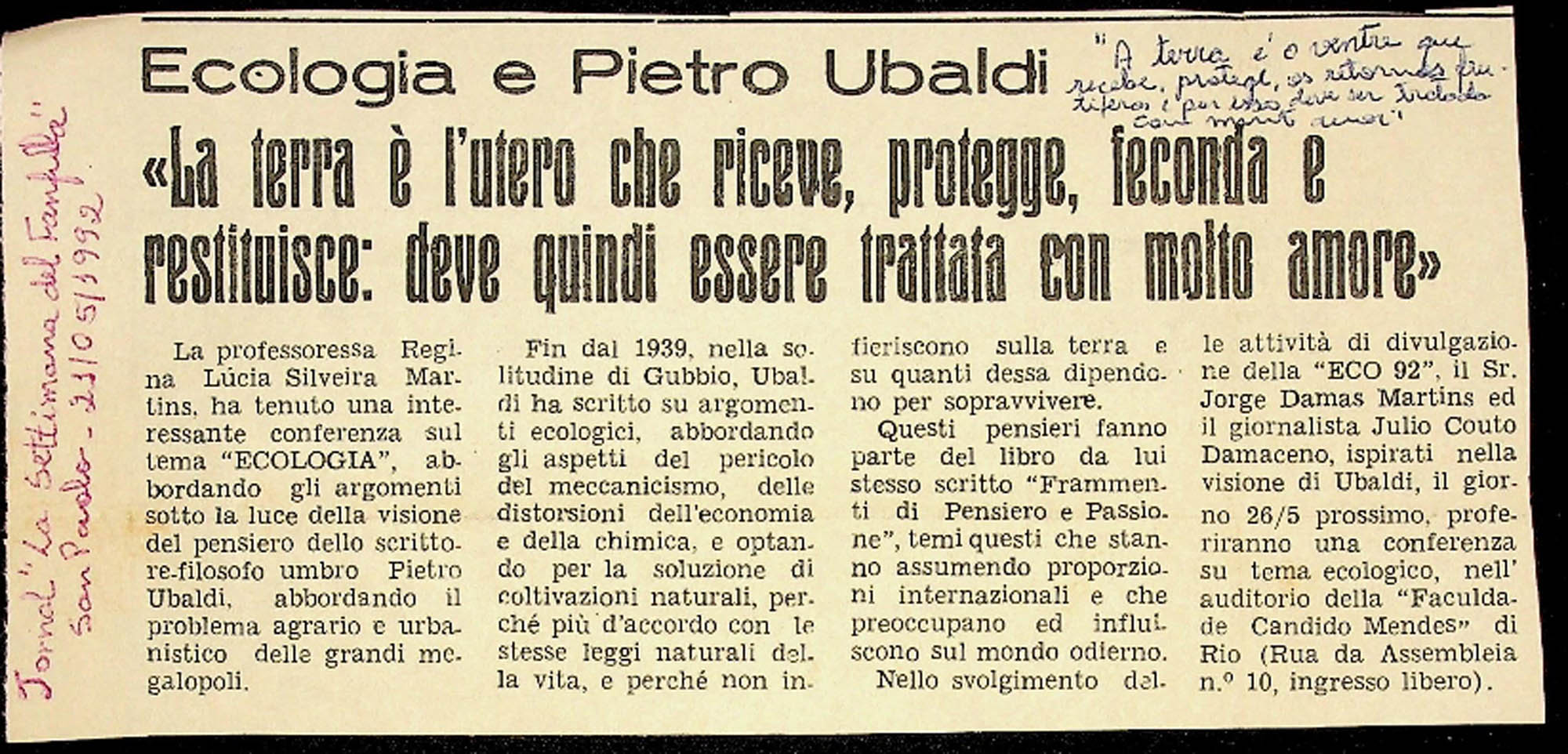 JN – 1992 (21 DE MAIO) ECOLOGIA E PIETRO UBALDI
