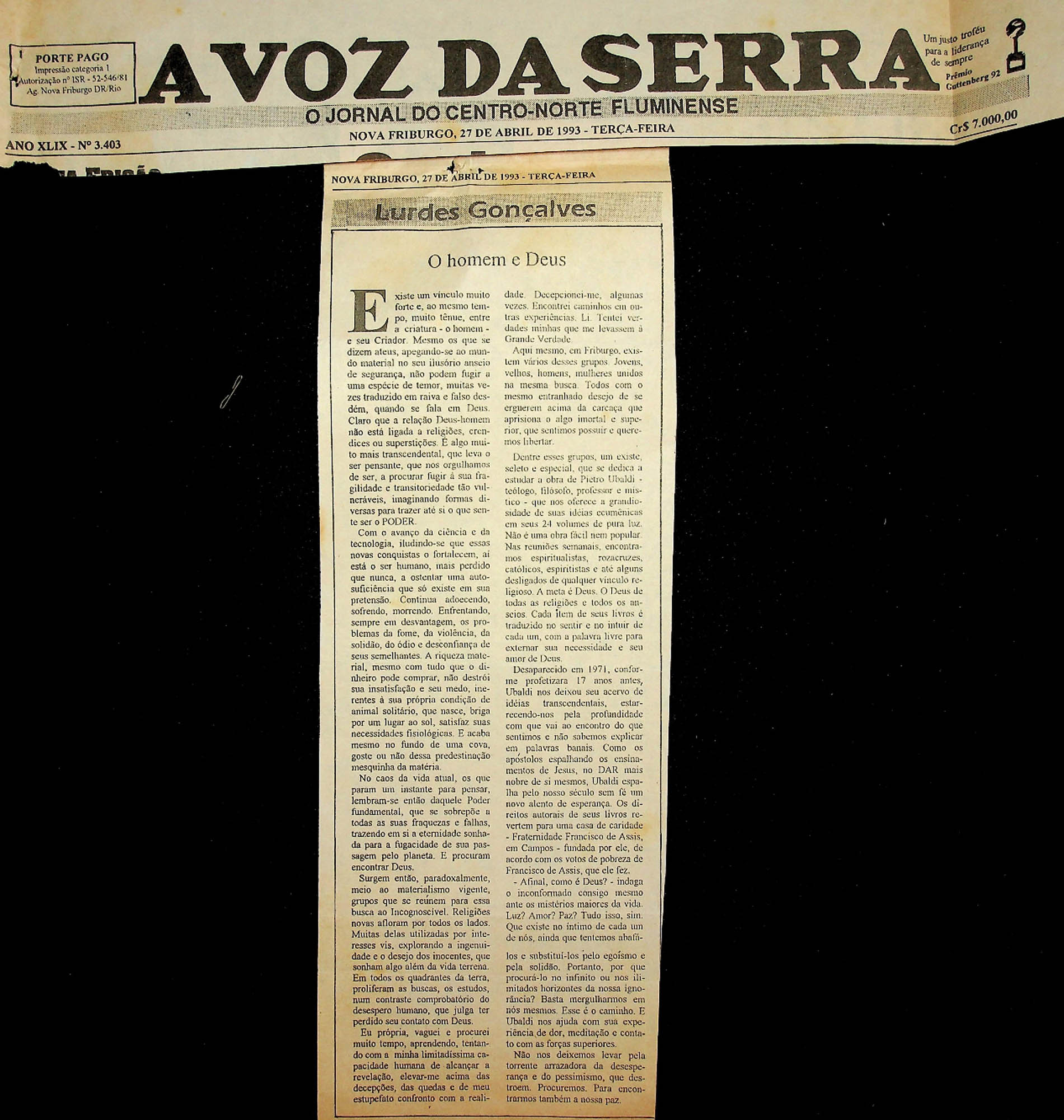 JN – 1993 (27 DE ABRIL) A VOZ DA SRRA – O HOMEM DE DEUS