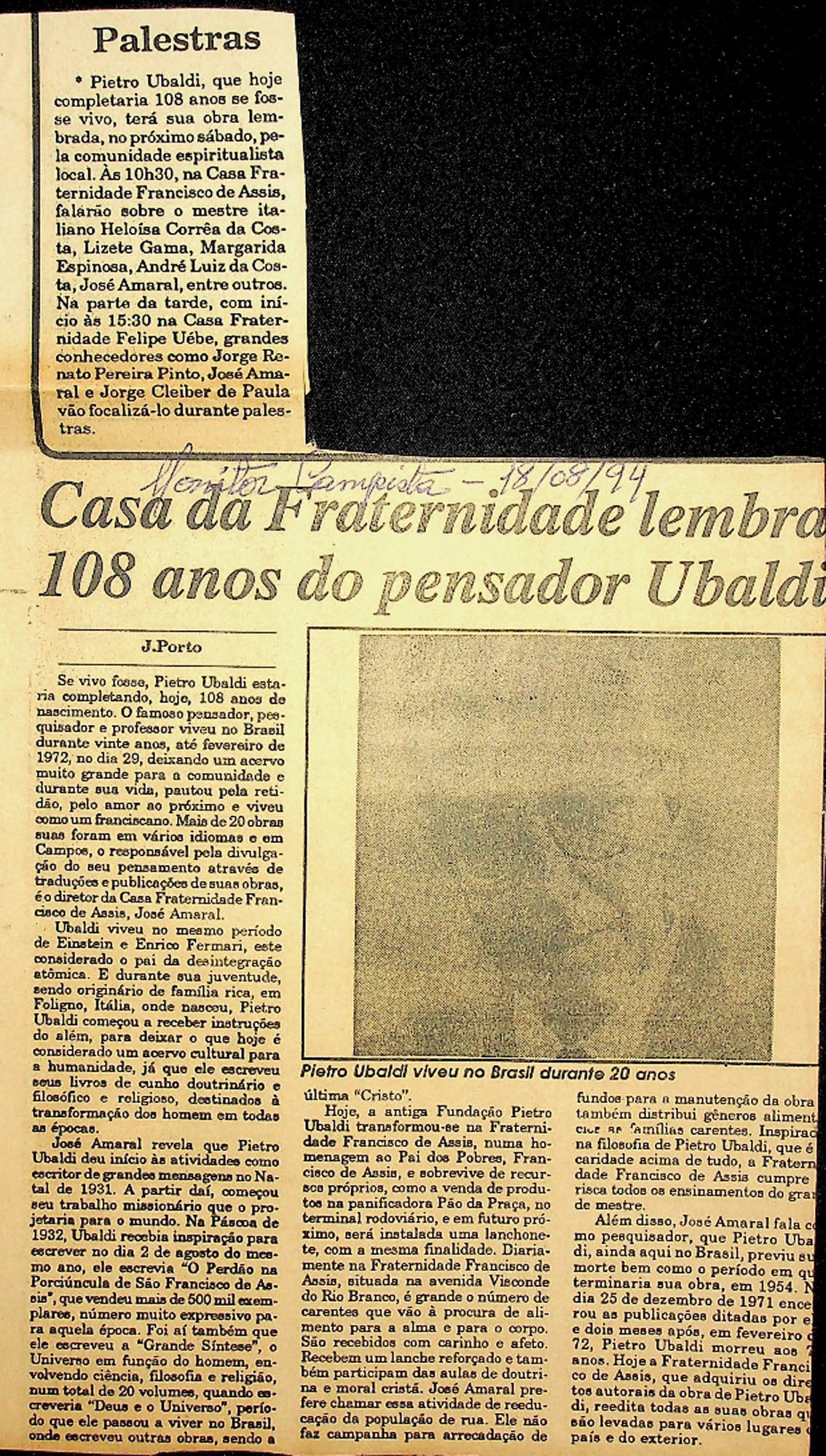 JN – 1994 (18 DE AGOSTO) CASA DA FRATERNIDADE LEMBRA 108 ANOS DO PENSADOR UBALDI