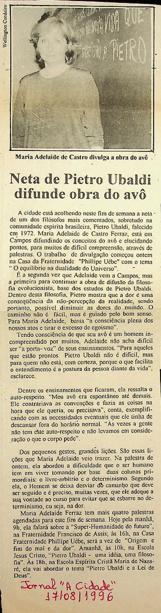JN – 1996 (17 DE AGGOSTO) NETA DE PIETRO UBALDI DIFUNDE OBRA DO AVO